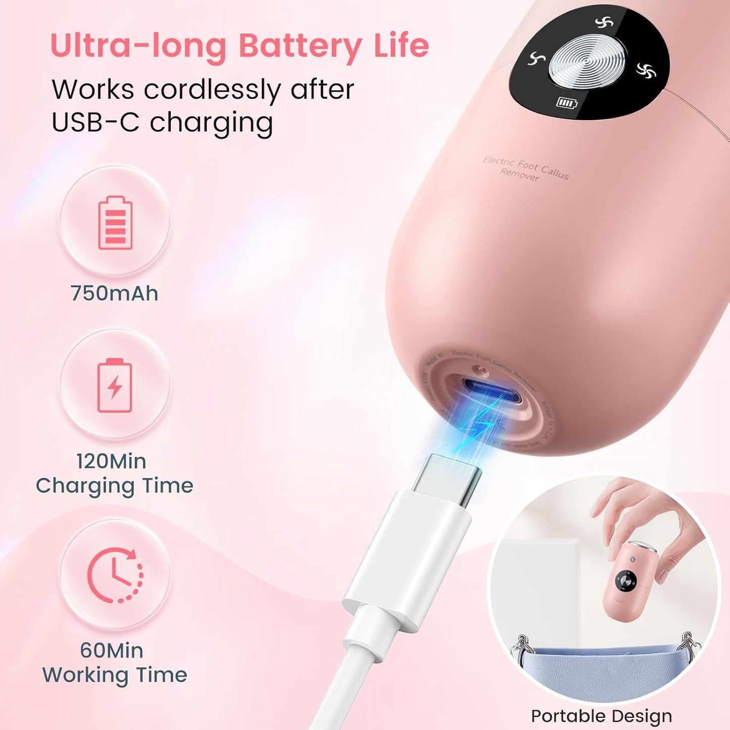 Quaferen Foot Callus Remover Electric Callus Remover for feet Rechargeable Foot File Pedicure Tools with Stainless Steel Head IPX6 Waterproof Foot Scrubber for Dead Hard Cracked Dry Skin (Pink)