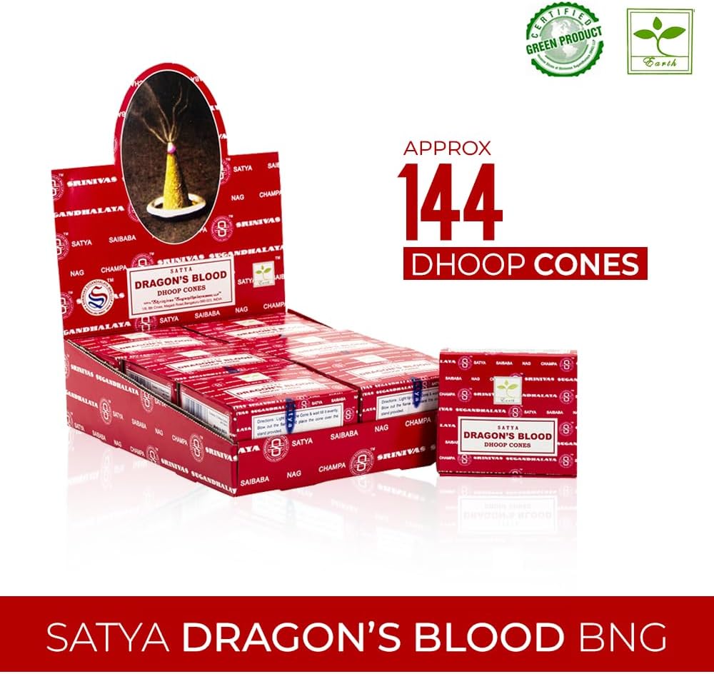 Satya Sai Baba Dragons Blood Original Earth Marked Natural Masala Incense 144 Dhoop Cones in Pack of 12 Boxes | Best for Prayer, Meditation and Relaxation