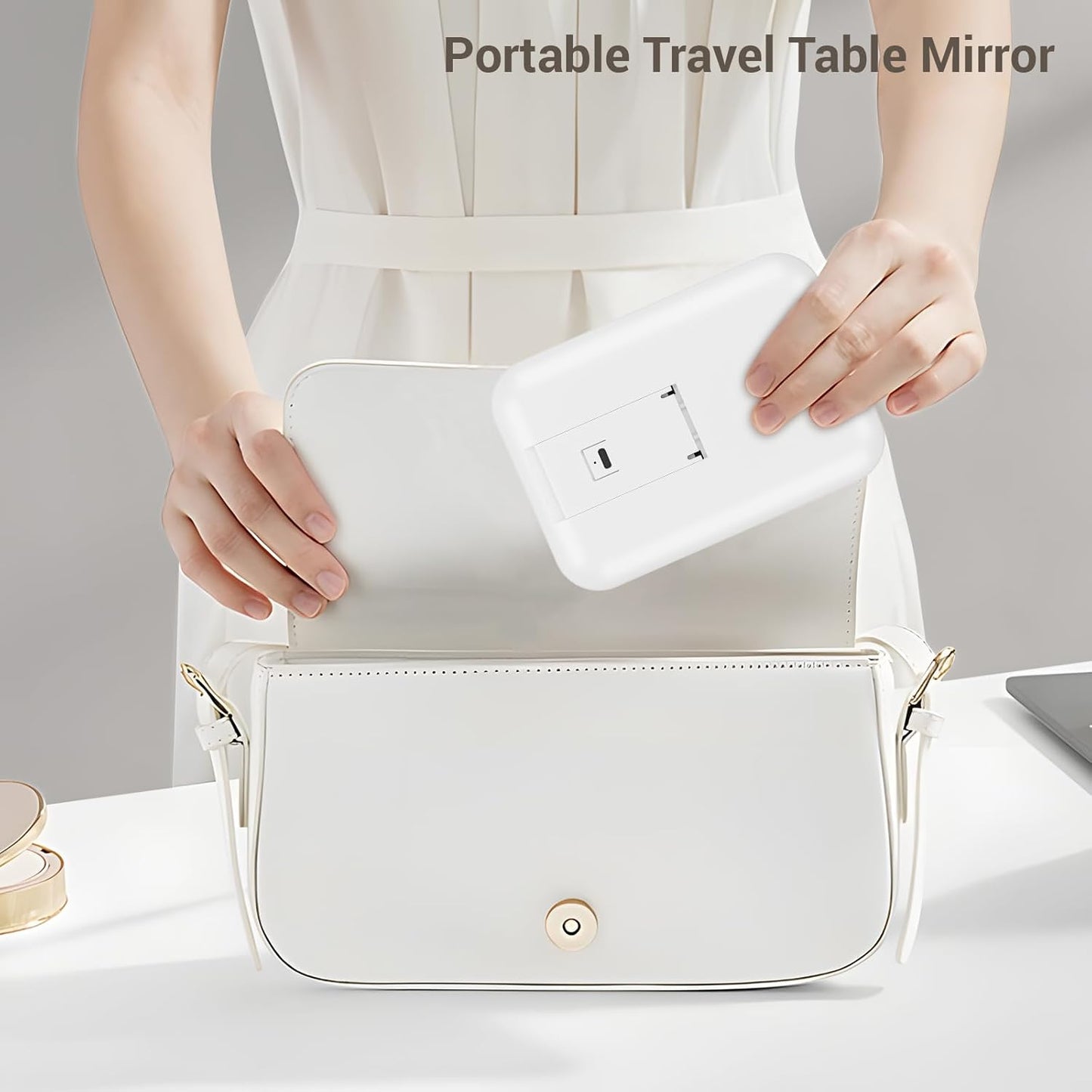 Kintion Travel Makeup Mirror, 6"*4.2" Rechargeable Portable LED Lighted Tabletop Vanity Mirror, 3 Colors Touch Dimmable Compact Mirror for Women Gift, White