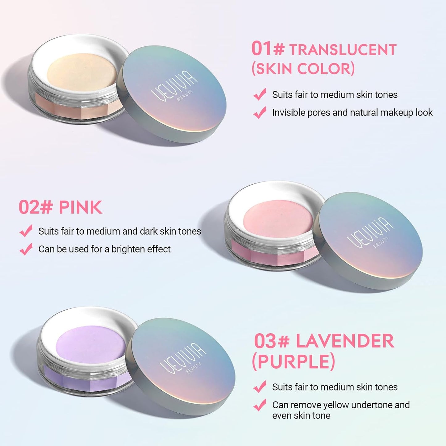 Vevivia Setting Powder - Creaseless Face Powder, Long Lasting Loose Powder Makeup with Blurring and Brightening Finish, Loose Setting Powder for All Skin Types, Shine Control, Up to 24 Wear, Pink