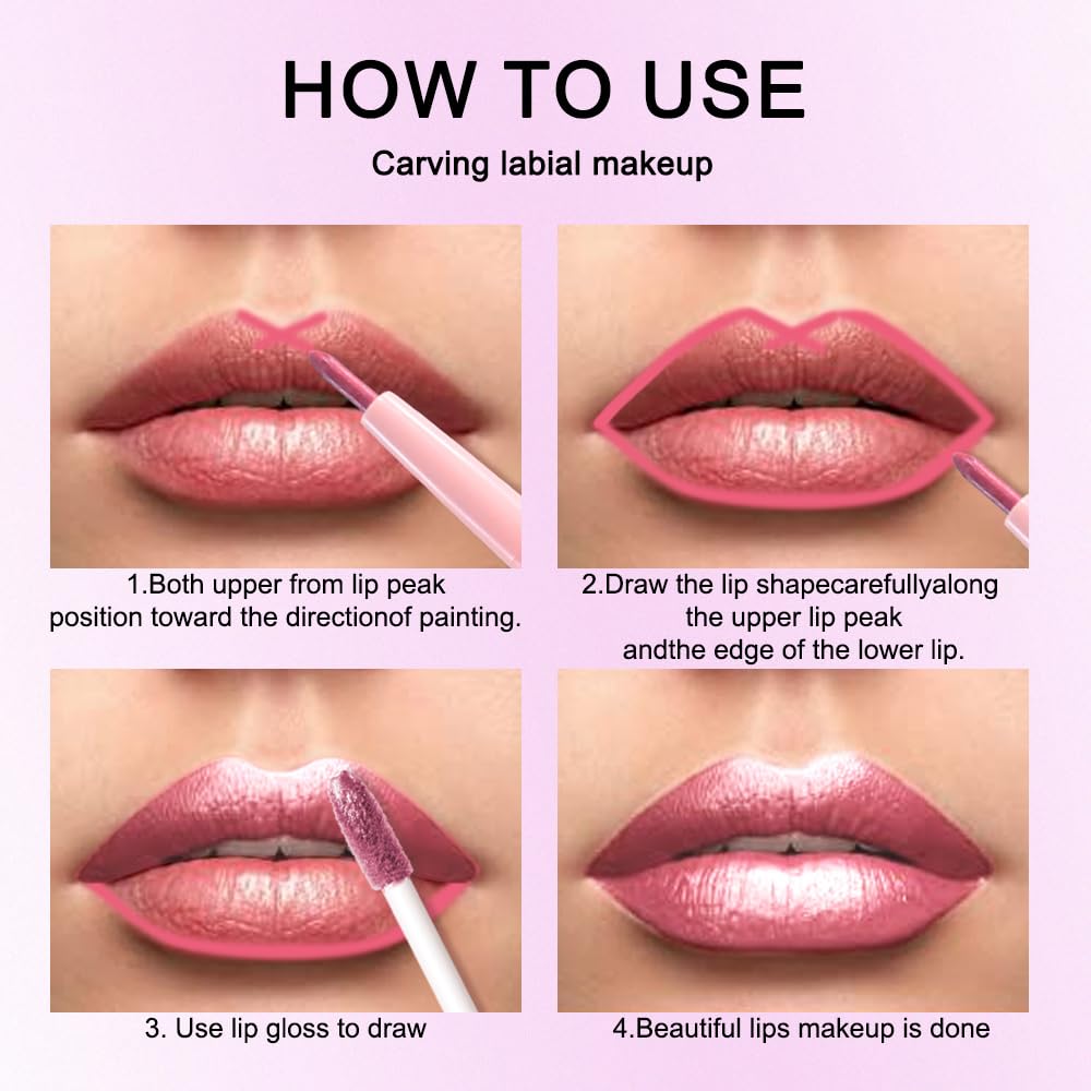 evpct Warm Pink Metallic Glitter Lip Liner and Lipstick Combo Lip Gloss Stain Set Makeup for Women Long Lasting Waterproof 24, Baby Pink Metallic Shimmer Frosted Iridescent Glossy Liquid Lipstick 12