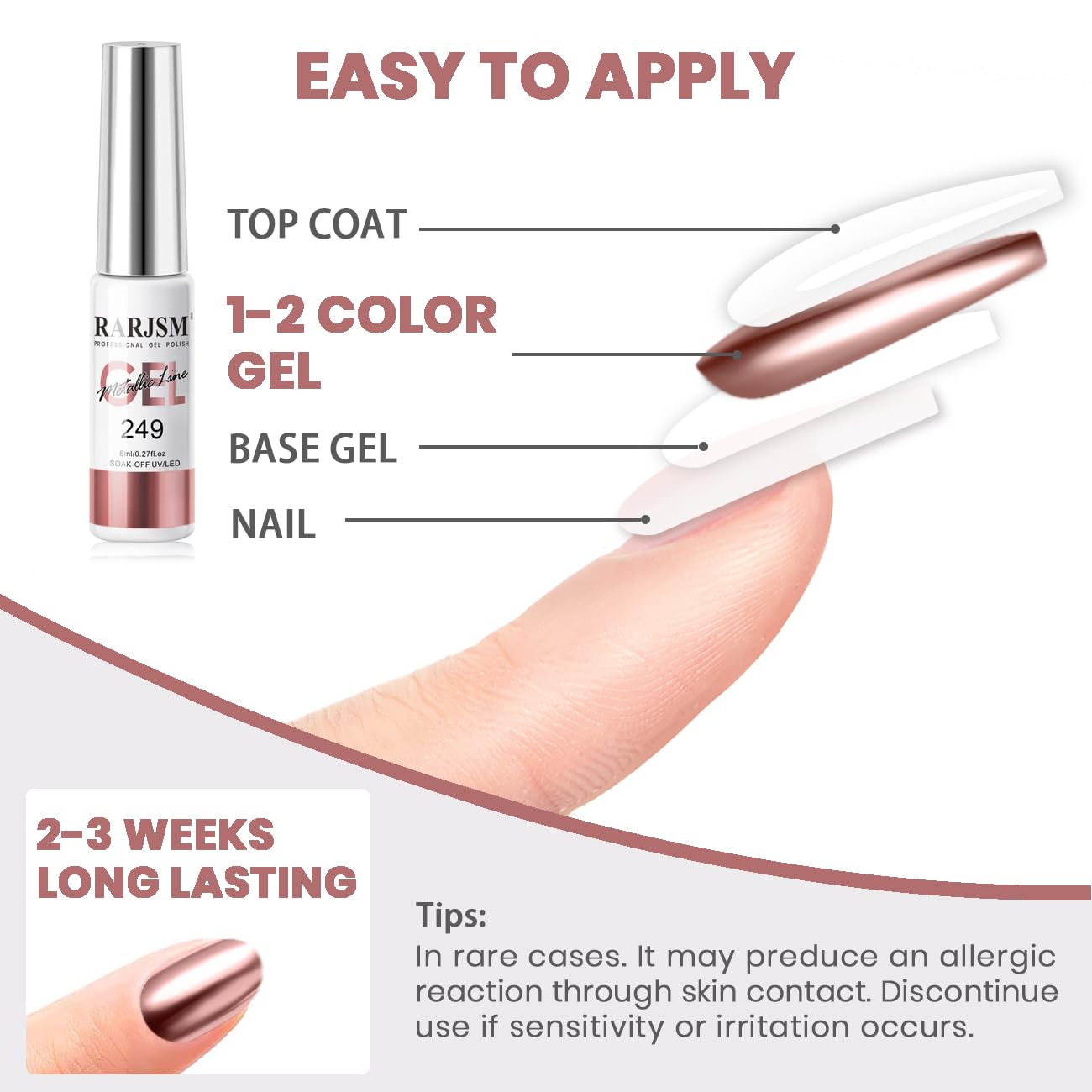 RARJSM Metallic Gel Liner Nail Art Rose Gold 3D Mirror Chrome Effect Gel Nail Polish 8ml Painting Build in Thin Brush Metal Painted Drawing Striper Gelpolish Soak off Curing Requires for Home Salon