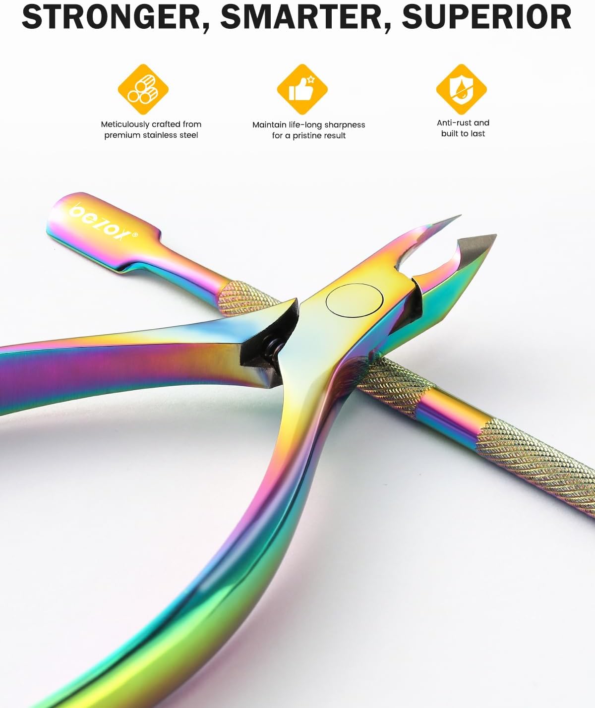 BEZOX Cuticle Trimmer with Pusher - Salon Quality Cuticle Clipper with Cuticle Pushers, Super Sharp Cuticle Cutters and Dual-End Nail Pushers Cuticle Stick, Professional Manicure Tools - Rainbow