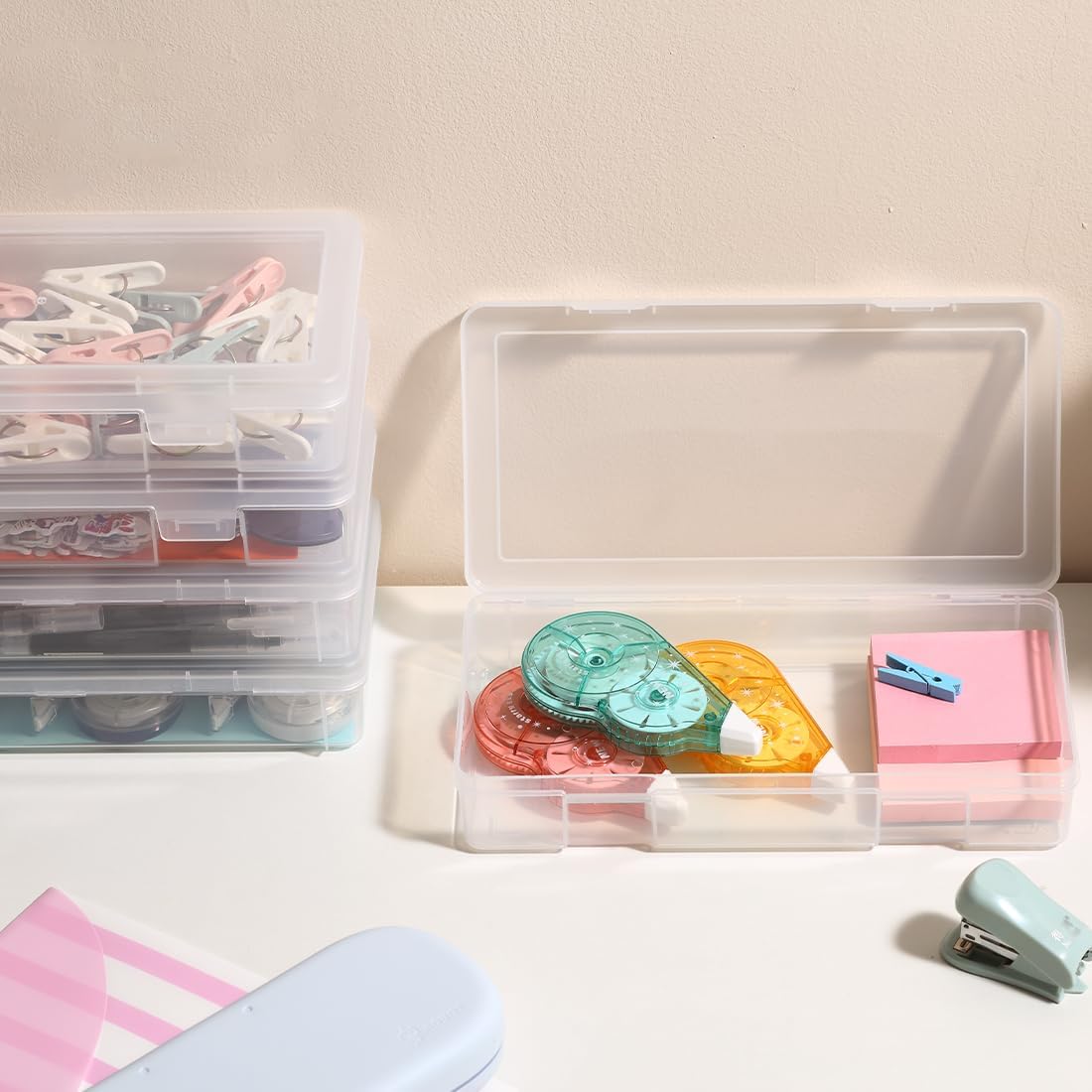 Medium Clear Storage Box 9 Pack Stackable Storage Containers with Snap-Tight Latch 10" x 5"x 1.9" for Pencil Box,Art tools