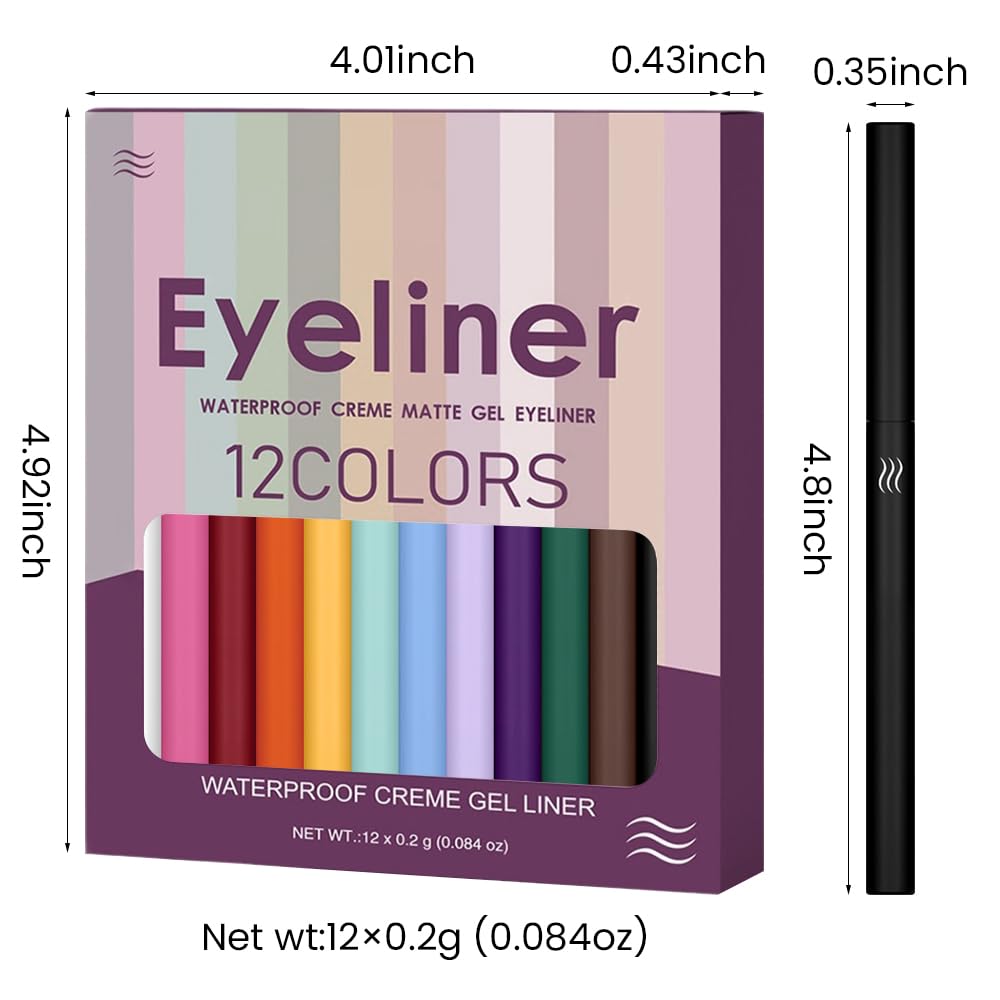 evpct 12Pcs Colored Matte Gel Eyeliner Pencils Set for Women, Green Blue White Black Auburn Yellow Orange Eyeliner Waterline Waterproof lapiz de ojos delineador de ojos contra el agua eye liner Makeup