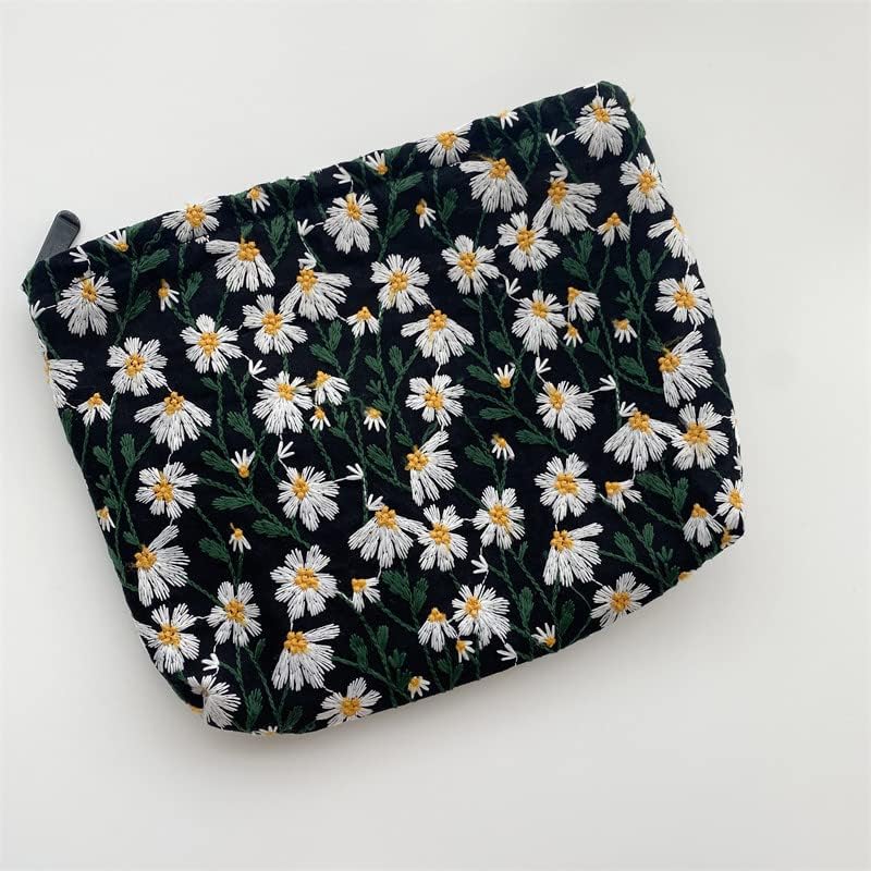 Makeup Bags for Purse Zipper Cosmetic Pouch Large Travel Canvas Make Up Organizer Tool Pouch for Women and Girls,Daisy Black