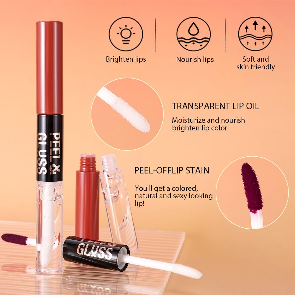 Dewy Rose Lip Stain Peel Off Lip liner and Lip oil with Tweezer, Dual-Ended Peel Off Lip Stain Tattoo, Highly Pigmented Long Lasting Waterproof, Transfer-proof for All Skin Types, 02#