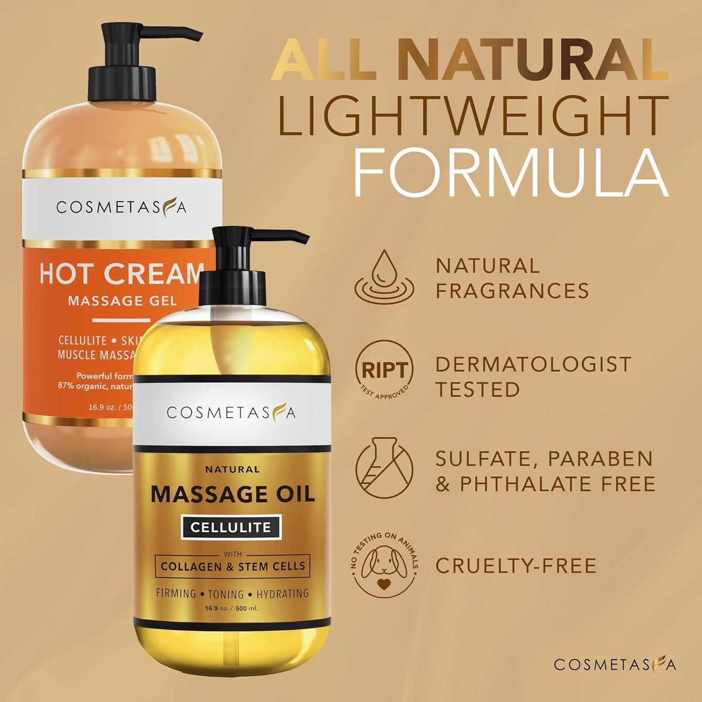 Cellulite Massage Oil & Hot Cream - 100% Natural Cellulite Oil & Gel, Highly Absorbable, Firm, Tone, Tighten & Moisturize Skin - Soothes Muscles (16.9 Fl Oz Each Bottle)