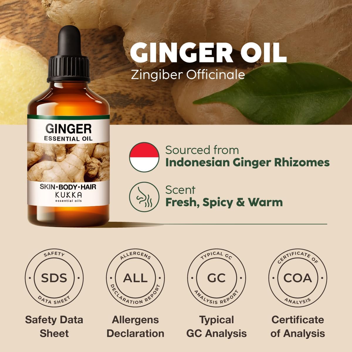 Kukka Ginger Essential Oil for Hair, Skin & Massage - 4 Fl Oz - Enjoy A Warm, Spiced, Ideal for Daily DIYs, Skin Care, Self-Care, DIY Soap Making Scents