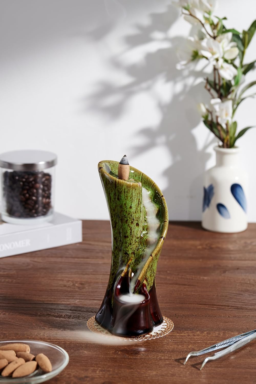 Unique Cloud Stairs Ceramic Waterfall Incense Holder, Paired with a Pack of Backflow Incense Cones. (Fambe Green)
