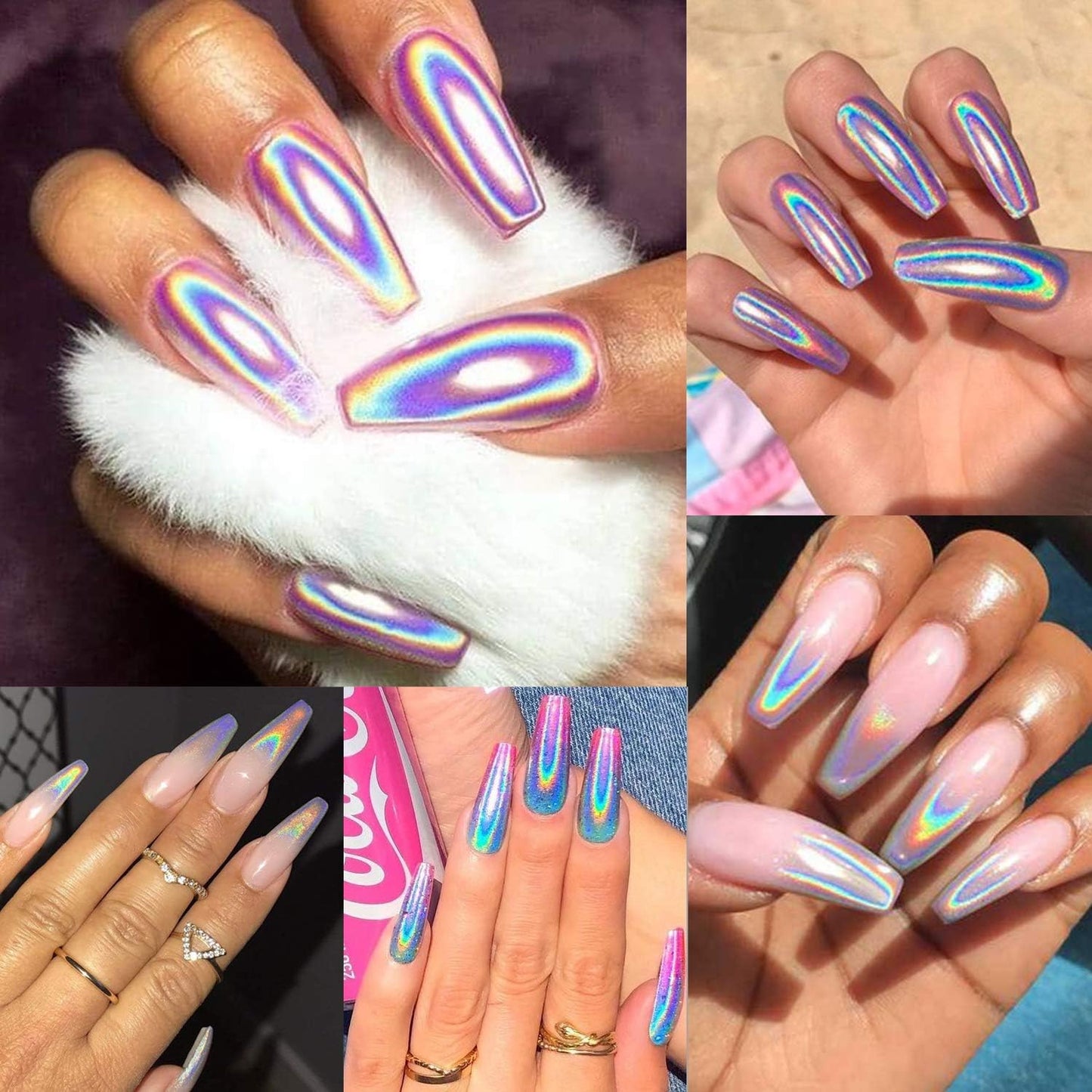 Holographic Nail Powder Fine Rainbow Holo Unicorn Mirror Laser Effect Multi Chrome Manicure Pigment Glitter Dust for Salon Home Nail Art DIY Deco, 0.04oz/1g, Sponge Tool/3pcs