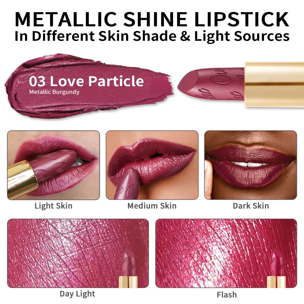 Oulac Burgundy Lipstick for Women with Metallic 3D Shine Lightweight Hydrating Formula, High Impact Lip Color, Vegan Beauty, Full Coverage Lip Makeup, Christmas Gifts for Women, Love Particle(03)