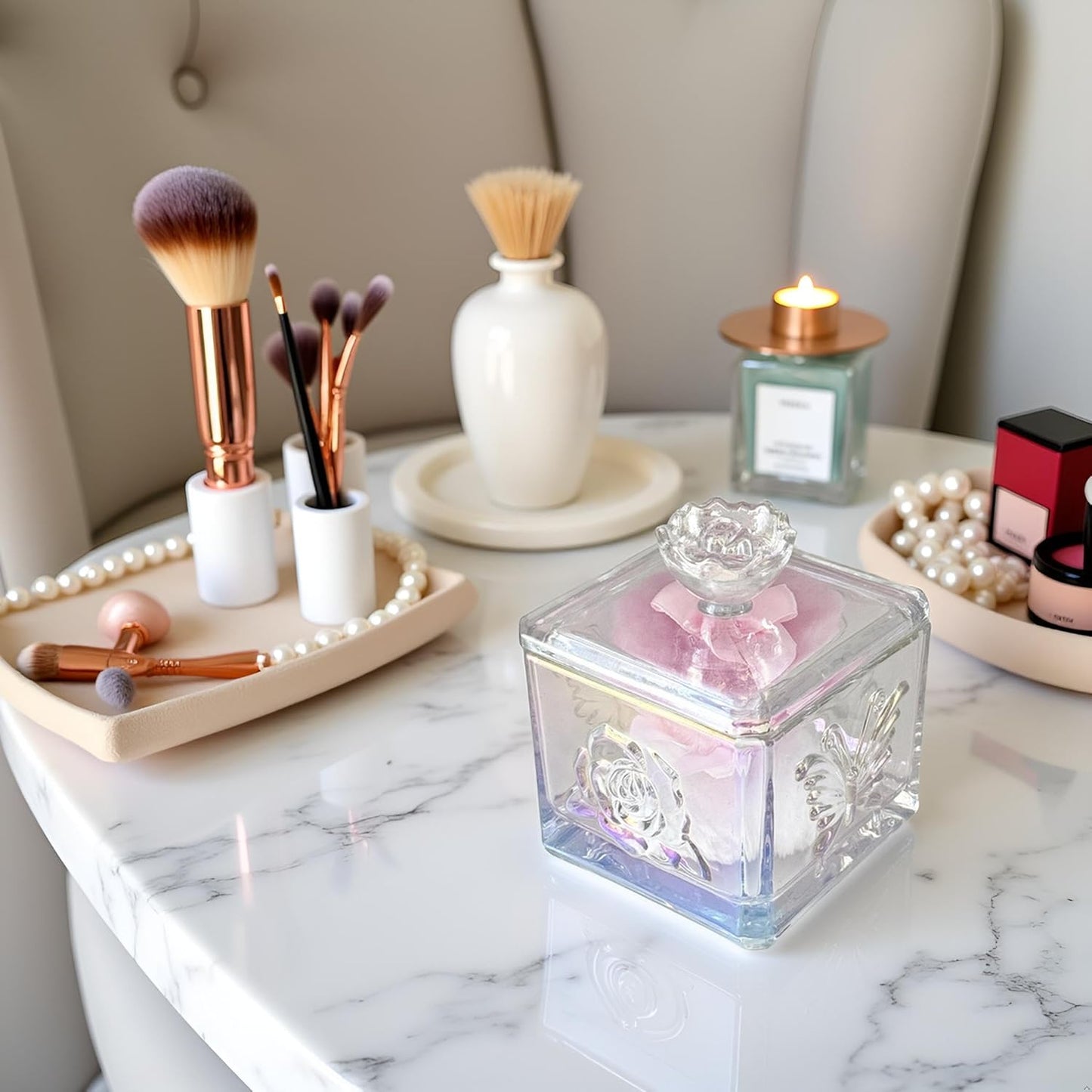 Body Powder Puff and Container - Glass Dusting Powder Container with 2 Soft Puffs – Vintage Powder Puff Case for Women & Girls (3.74x3.74x4.53 H in)- GRB013-Multi