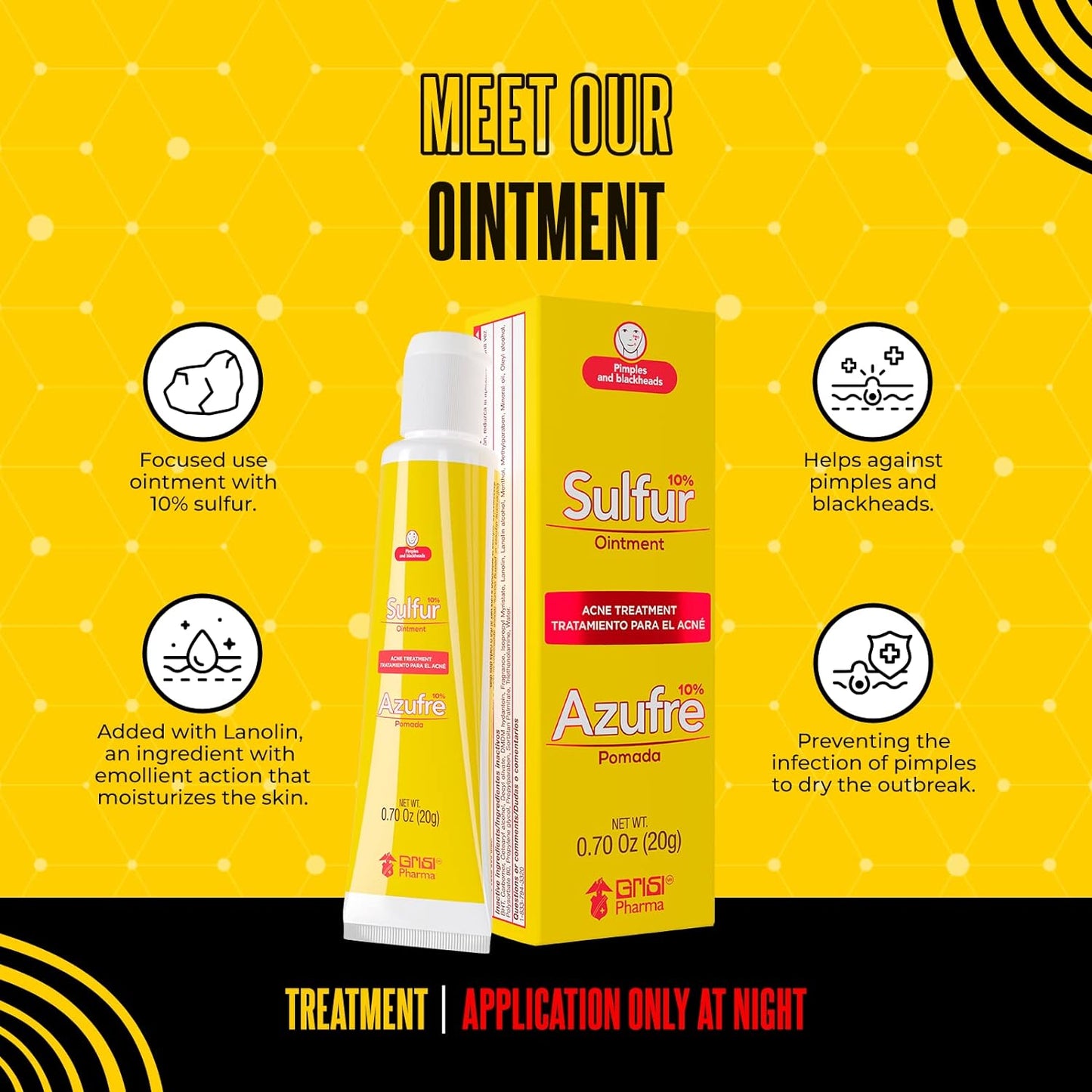 Biosulfur Grisi Acne Treatment: Fights Pimples, Blackheads, Blemishes, Improves Damaged Skin from Acne Scars, Prevents Breakouts, Keeps Pores Clear, Controls Oil, Sulfur Ointment, 0.70 Ounce, 2-Pack