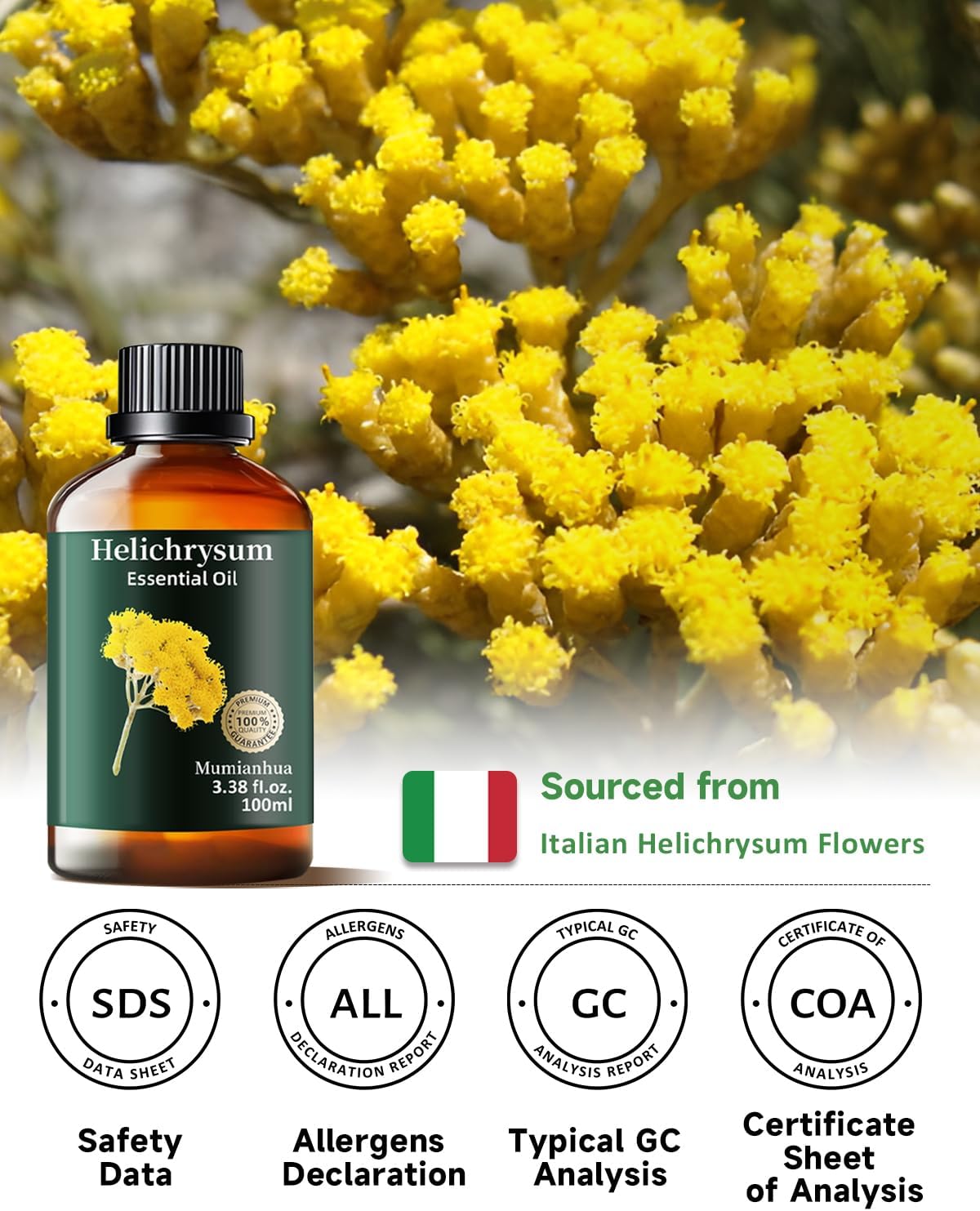 Mumianhua 100% Pure Helichrysum Essential Oil Undiluted & Natural Helichrysum Oil for Home Diffusers, Massages, DIY, Skin, Self-Care, Aromatherapy, Soap Making, Candle Making 3.38 Fl oz