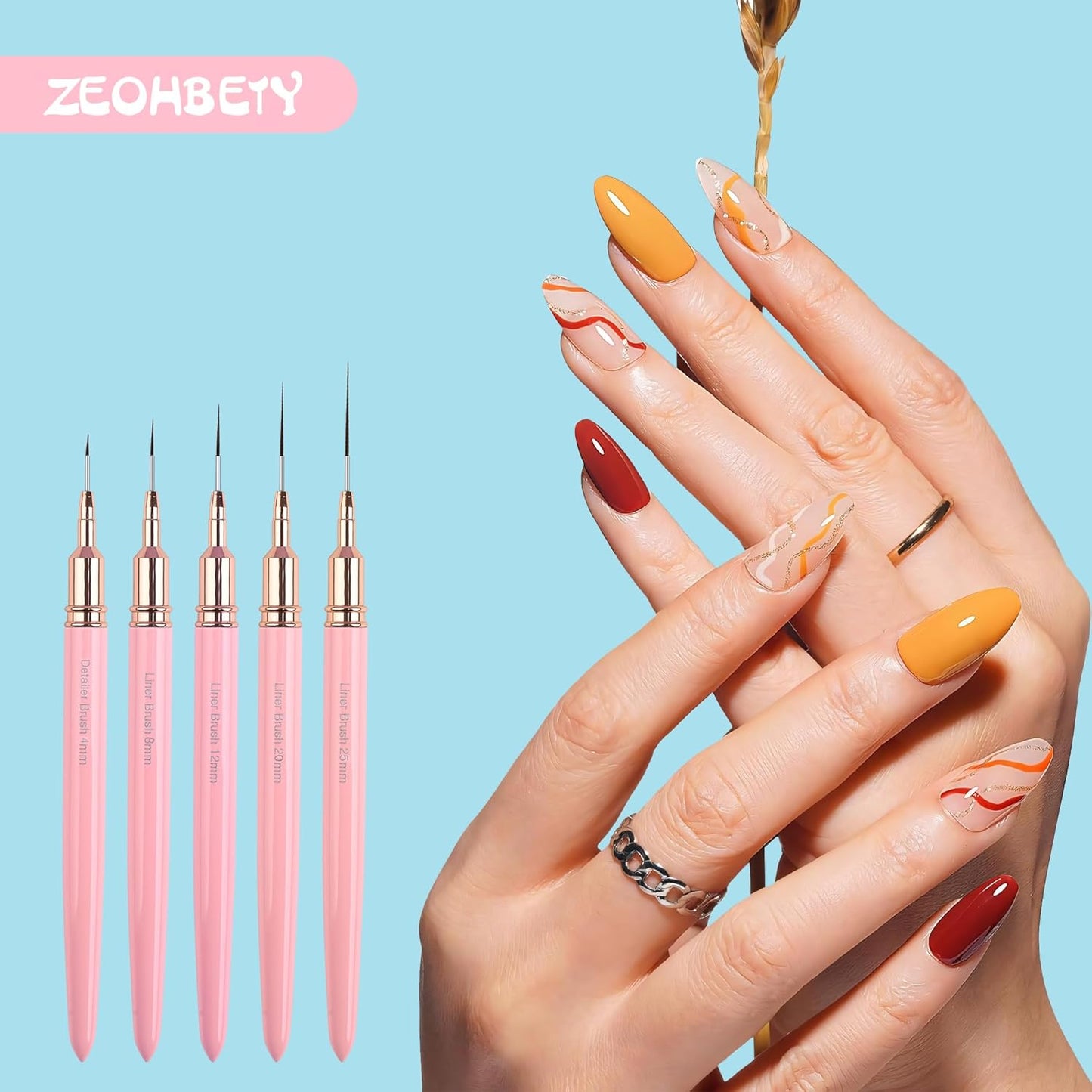 Metallic Nail Art Brushes, 5Pcs Nail Art Liner Brushes, Painting Art Design Brush Set Nail Dotting Drawing Tool for Long Lines, Thin Details, Fine Drawing Sizes 4/8/12/20/25mm, Pink