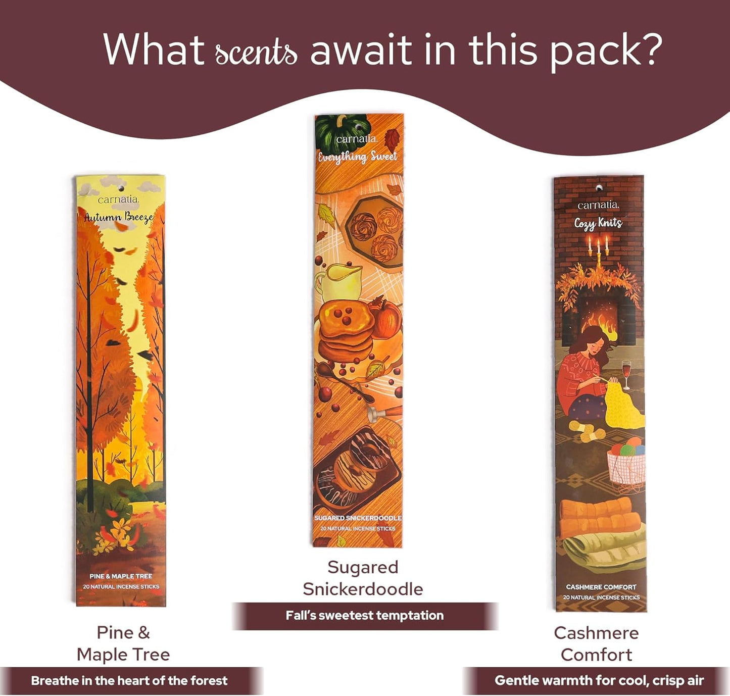 Carnatia Fall Whispers Incense Set – 6 Autumn Scents for Seasonal Warmth | Cozy Comfort & Inviting Ambience | Premium Quality Incense Sticks for Fall Vibes