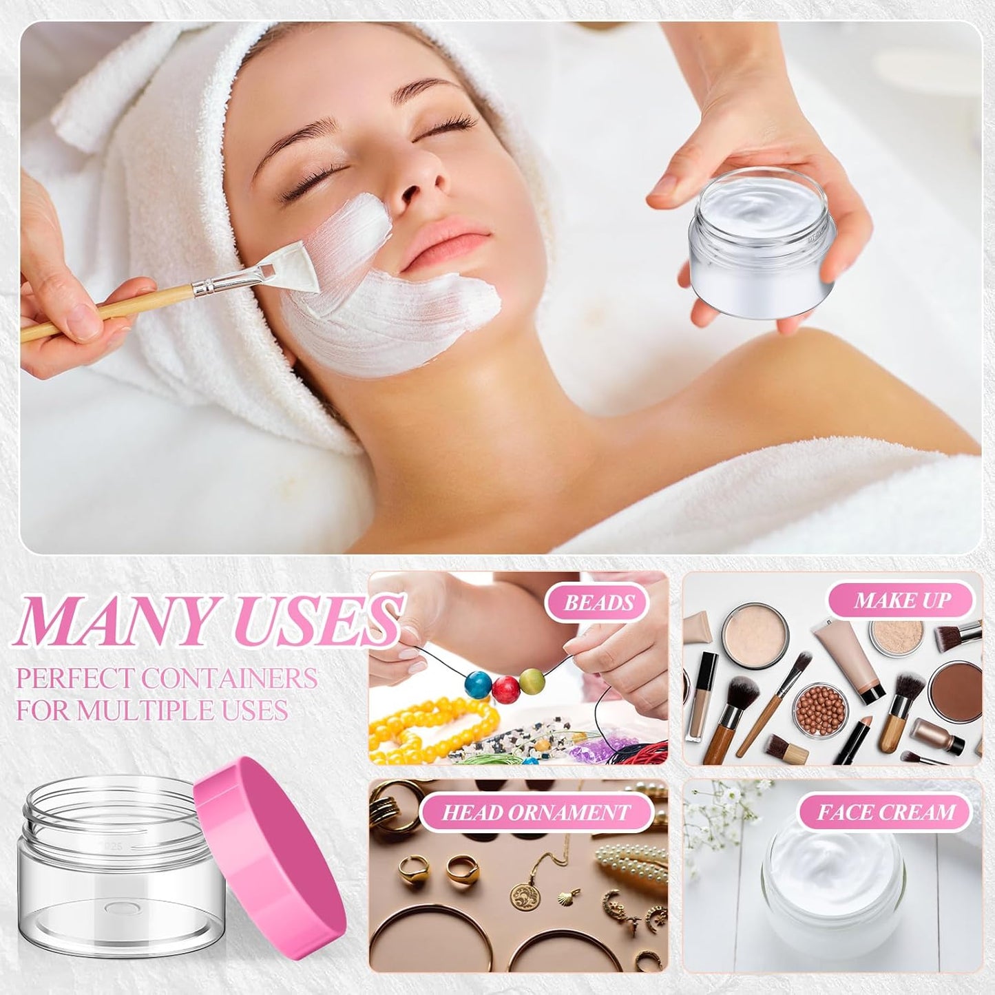 SATINIOR 24 Pieces Empty Clear Plastic Jars with Lids Round Storage Containers Wide Mouth for Beauty Product Cosmetic Cream Lotion Liquid Butter Craft and Food(Pink Lid,1 oz)