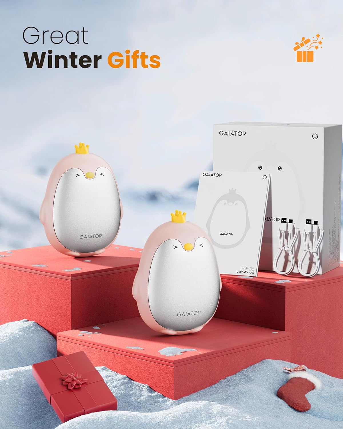 Gaiatop Magnetic Hand Warmers Rechargeable 2 Pack, 3 Settings Pocket-Sized Cute Penguin, Fast Hot Hands Reusable Portable Electric Heater for Camping Hunting Golf, Gifts for Women Men