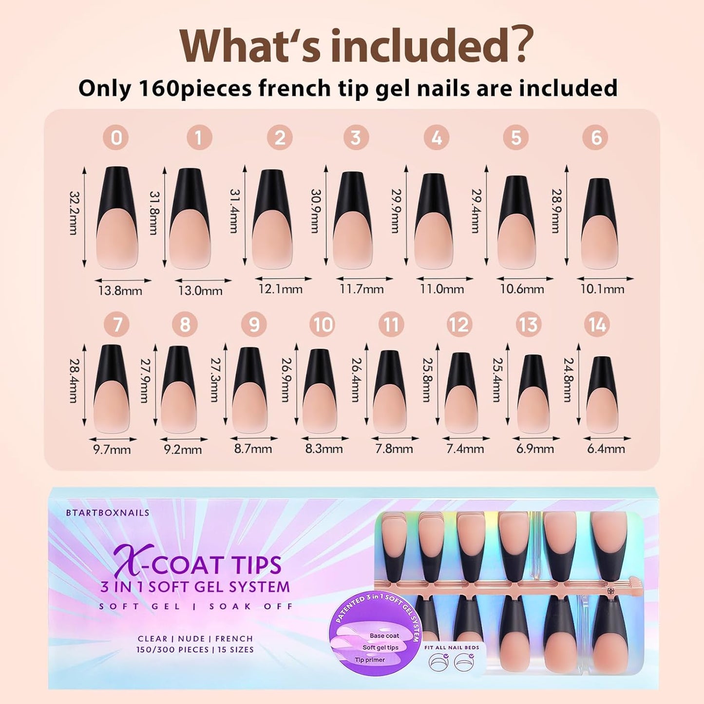BTArtboxnails XCOATTIPS Black Press on Nails - French Tip Press on Nails Long Coffin Nail Tips, Soak Off Acrylic Gel Fake Nails Art Extension