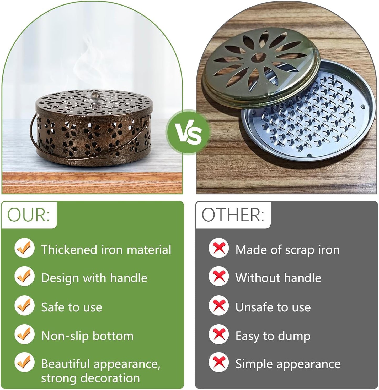 Portable Iron Mosquito Coil Holder with Handle Round Heat-Resistant Incense Holder (2 Pack Bronze)