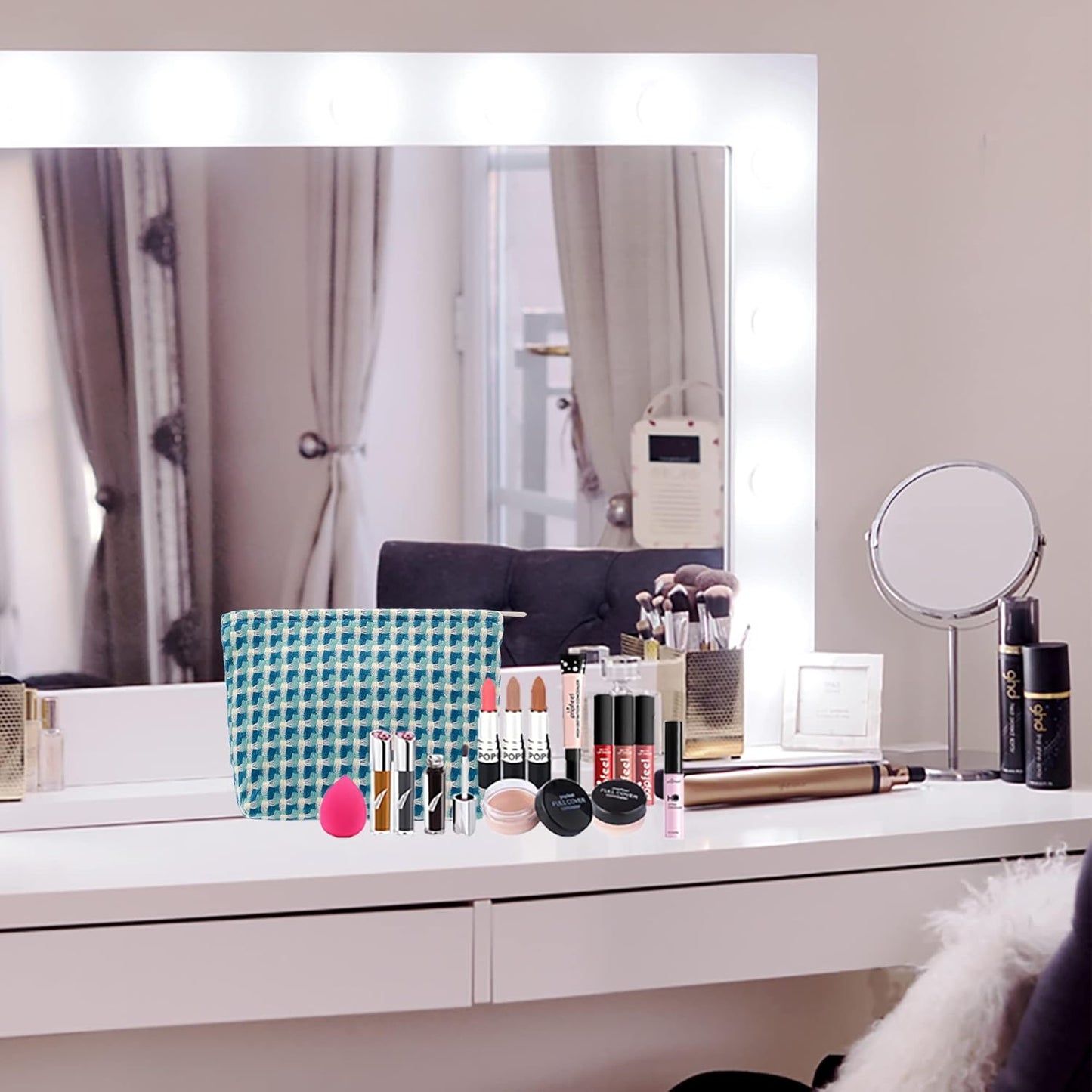 Makeup Bags for Purse Zipper Cosmetic Pouch Large Travel Canvas Make Up Organizer Tool Pouch for Women and Girls,Grid Green