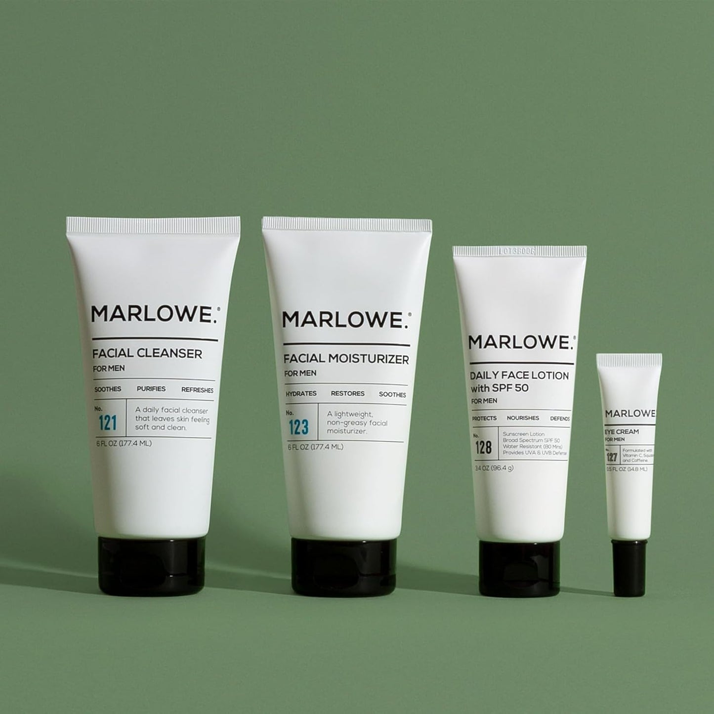 MARLOWE. Mens Skin Care Set, No. 204 Daily Essential Face Kit, No. 121 Facial Cleanser, No. 123 Facial Moisturizer, No. 127 Eye Cream, No. 128 Daily Face Lotion with SPF 50, Great Gift for Men