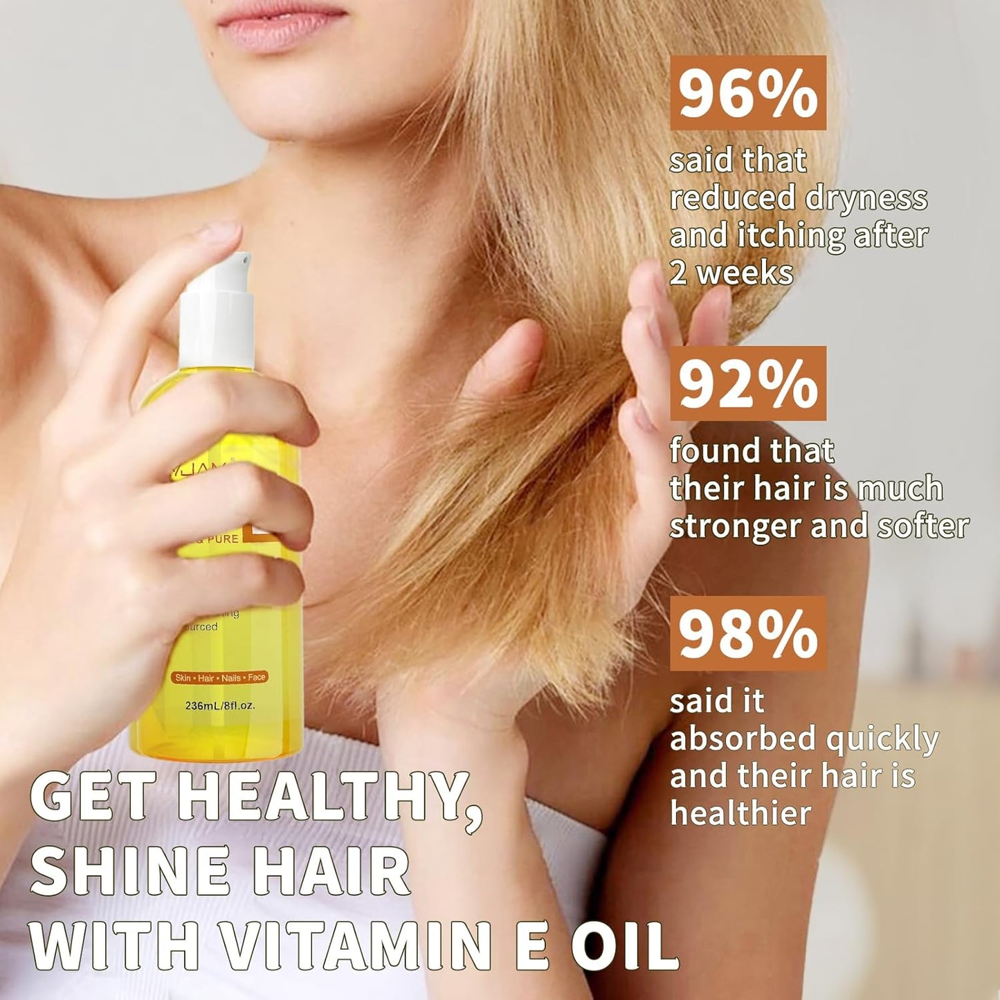 Organic Vitamin E Oil 50,000 IU for Skin, Pure & Natural Vitamine oils for Scars Hair, Face, Nail, Scalp Bath and Body Oil, Tocopherol to Repair Damaged Skin, Moisturizing Dry Skin, 8 Fl Oz