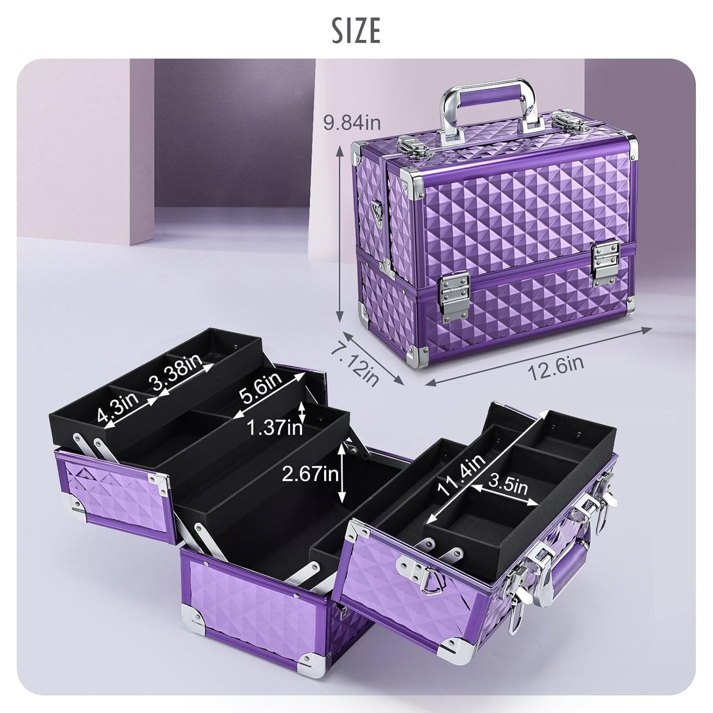 FRENESSA Makeup Train Case Makeup Case 12.6 Inch Large Cosmetic Box Organizer Travel Storage Professional Make Up Train Carrying Case with 6 Trays Locking Shoulder Strap Hard Vanity Storage Purple