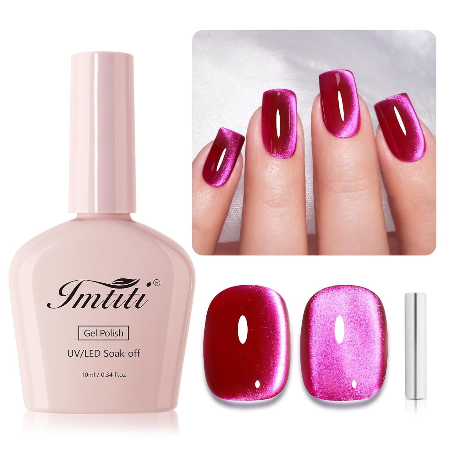 Imtiti Hot Pink Cat Eye Gel Nail Polish, Moonlight Rose Pink Holographic Cat Eyes Glitter Magnetic UV Soak Off Gel Polish with Magnetic Stick 1Pcs (0.34 Fl Oz-945)
