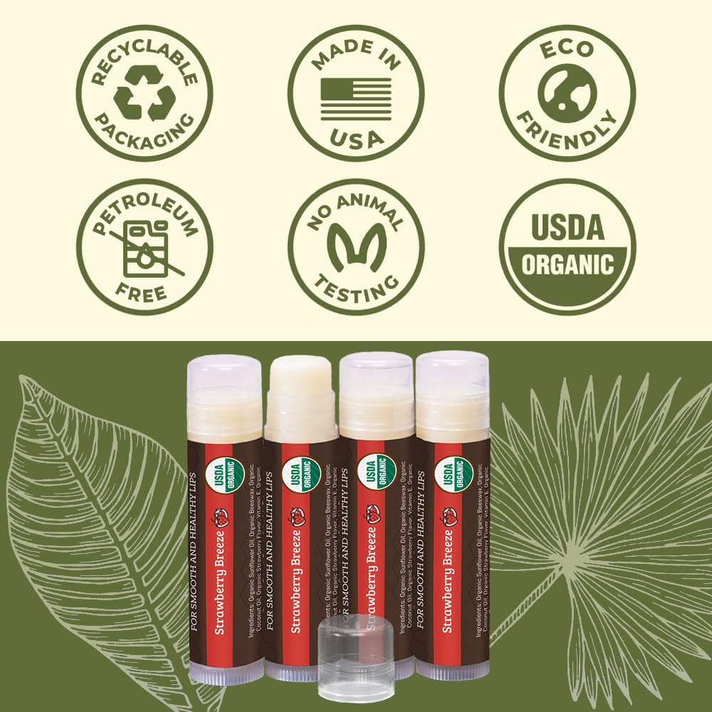 Earth's Daughter USDA Organic Lip Balm 4-Pack Strawberry flavor - Beeswax, Coconut Oil, Vitamin E - Best Lip Repair Chapstick for Dry Cracked Lips.