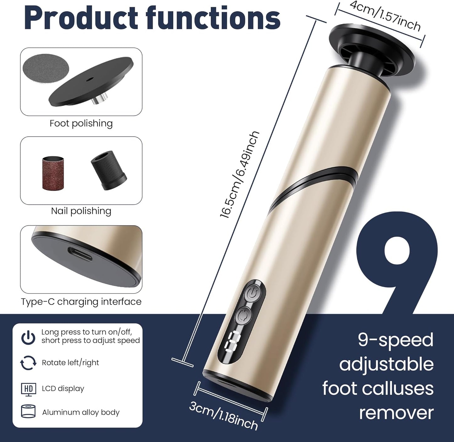 Electric Foot Callus Remover,2 in1 Rechargeable Callus Remover for Feet,9-Speed Wireless Electric Foot File Nail Grinder,Foot Scrubber Pedicure Tools for Dead Skin Dry Cracked Feet(Fold Gold)