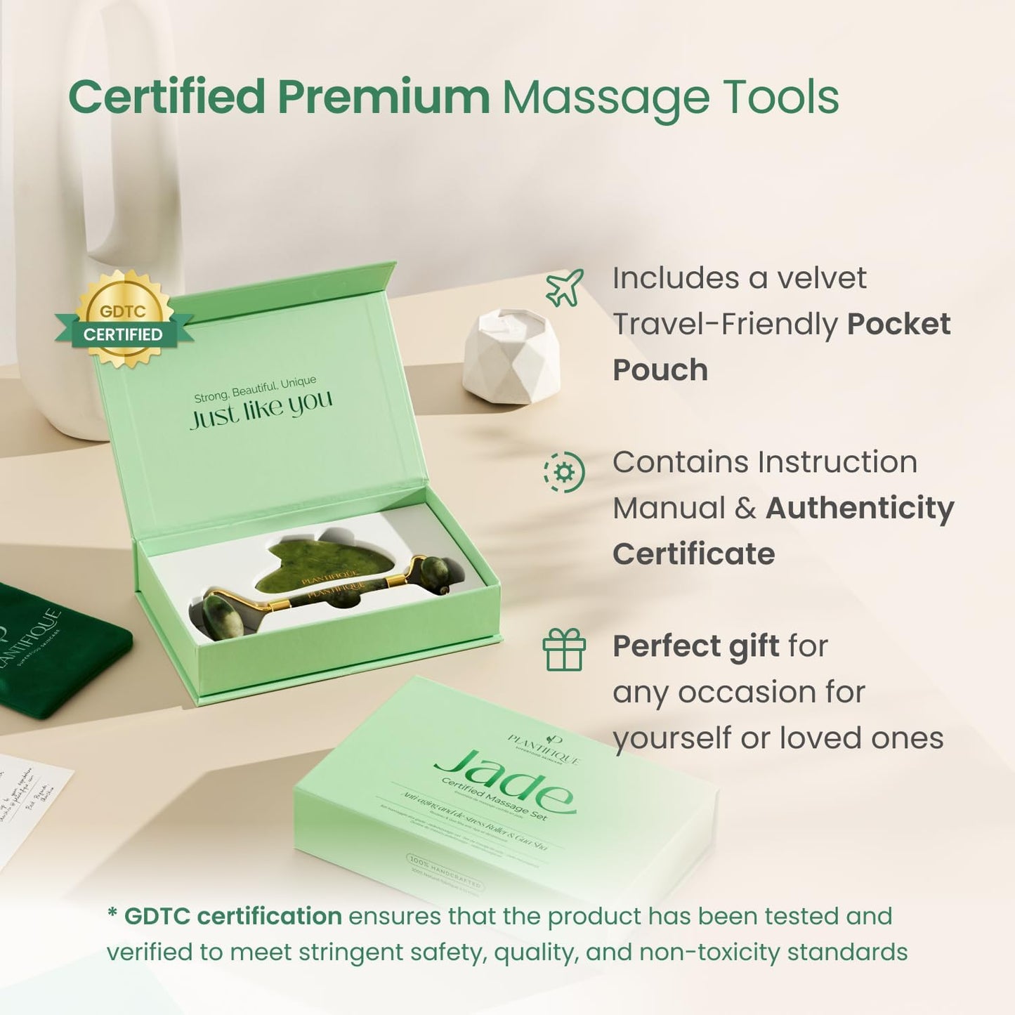 PLANTIFIQUE Jade Roller & Gua Sha Set – Real Jade Facial Tools for Skin Care Routine – Certified Face Massager for Radiant Skin