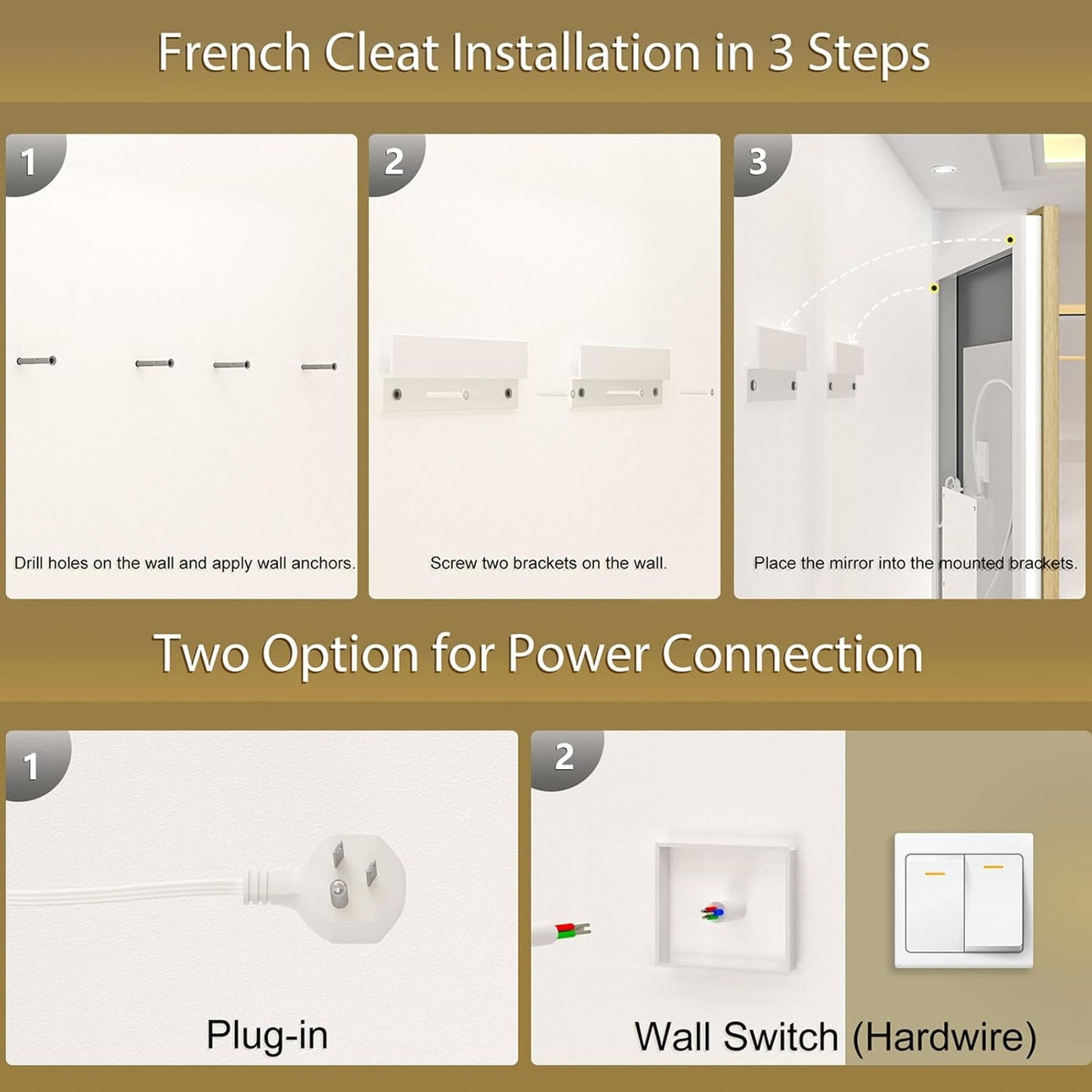OKPAL 30x36 Gold LED Bathroom Mirror with Lights, Frontlit & Backlit Metal Framed Mirror, Lighted Bathroom Vanity Mirror, Anti-Fog, Dimmable 3 Colors, Shatterproof, Horizontal/Vertical