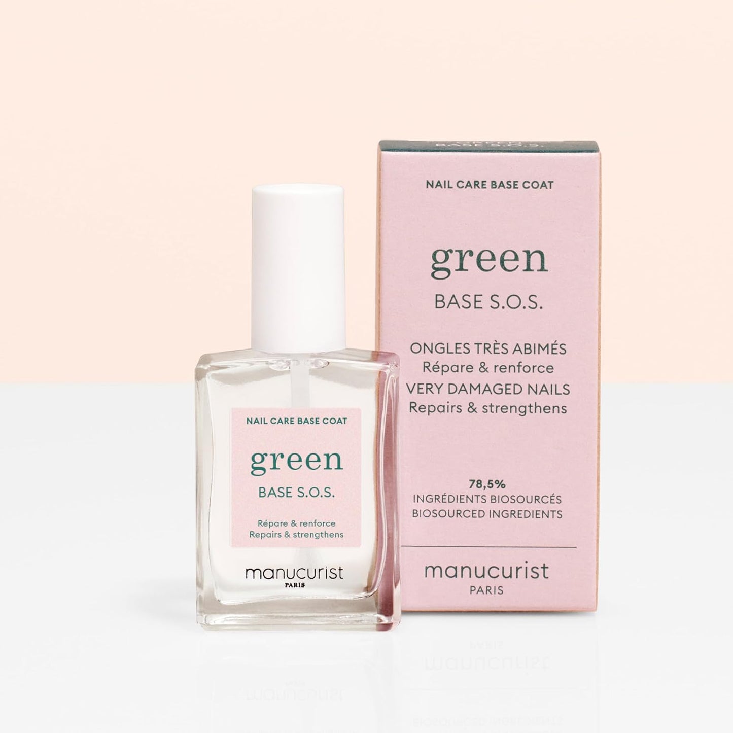 MANUCURIST - S.O.S. Base Coat - Enriched with Vitamins C and B5 - Nail Fortifier - Repairs and Strengthens - Care for Very Damaged Nails - Vegan, Up to 78% Plant-Based - 0.5 fl oz