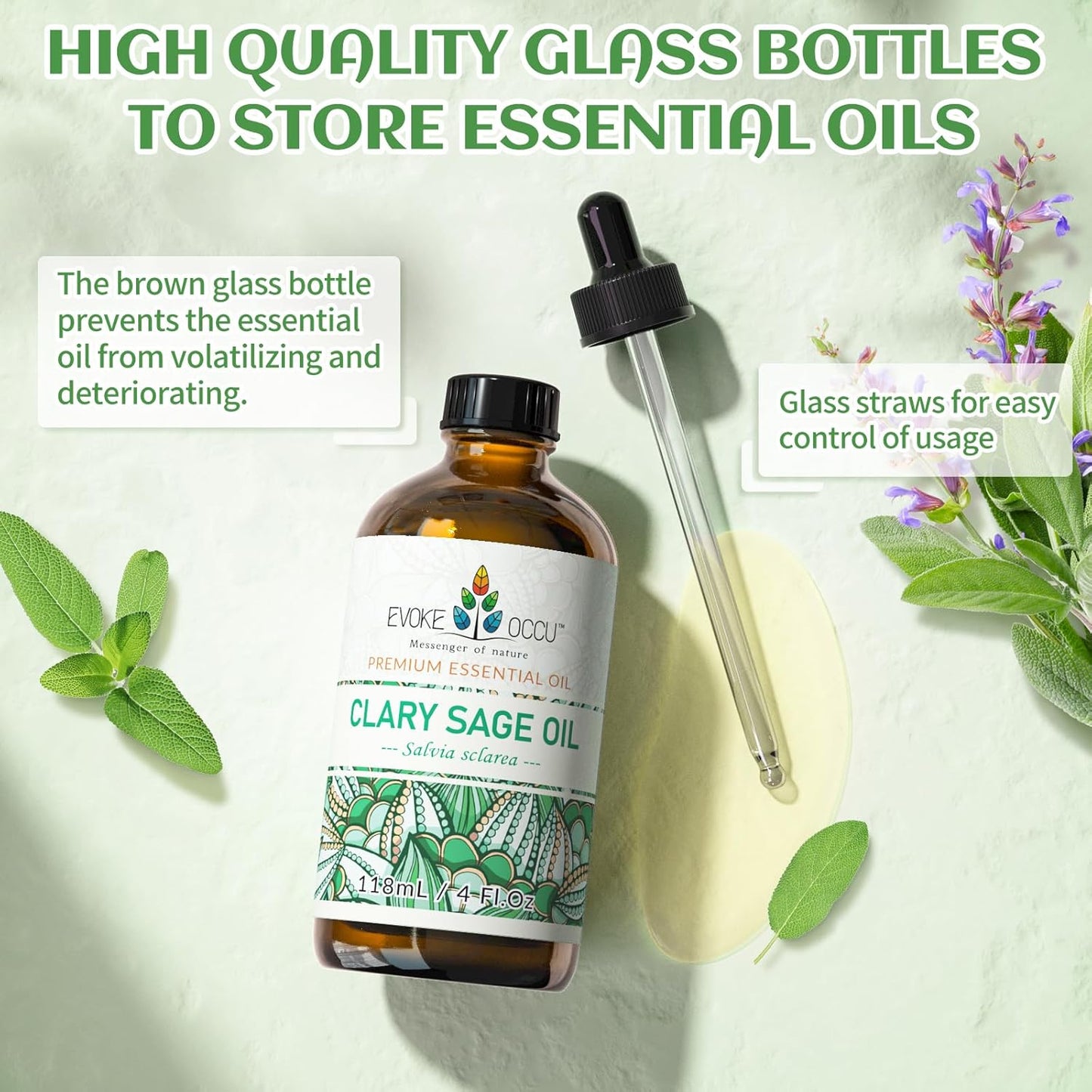 EVOKE OCCU Clary Sage Oil Essential Oil for Anxiety Relief, Moisturize Skin, Air Freshening, Add to Spray and Diffuser - 4 FL Oz