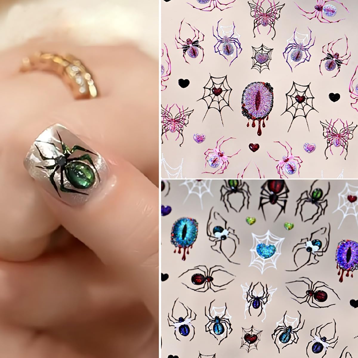 Halloween Nail Stickers 3D Self-Adhesive Goth Nail Art Stickers Black Spider Web Spider Heart Glitter Design Halloween Acrylic Nail Art Decoration Cute Horror Nail Decals for Women Acrylic Nails DIY