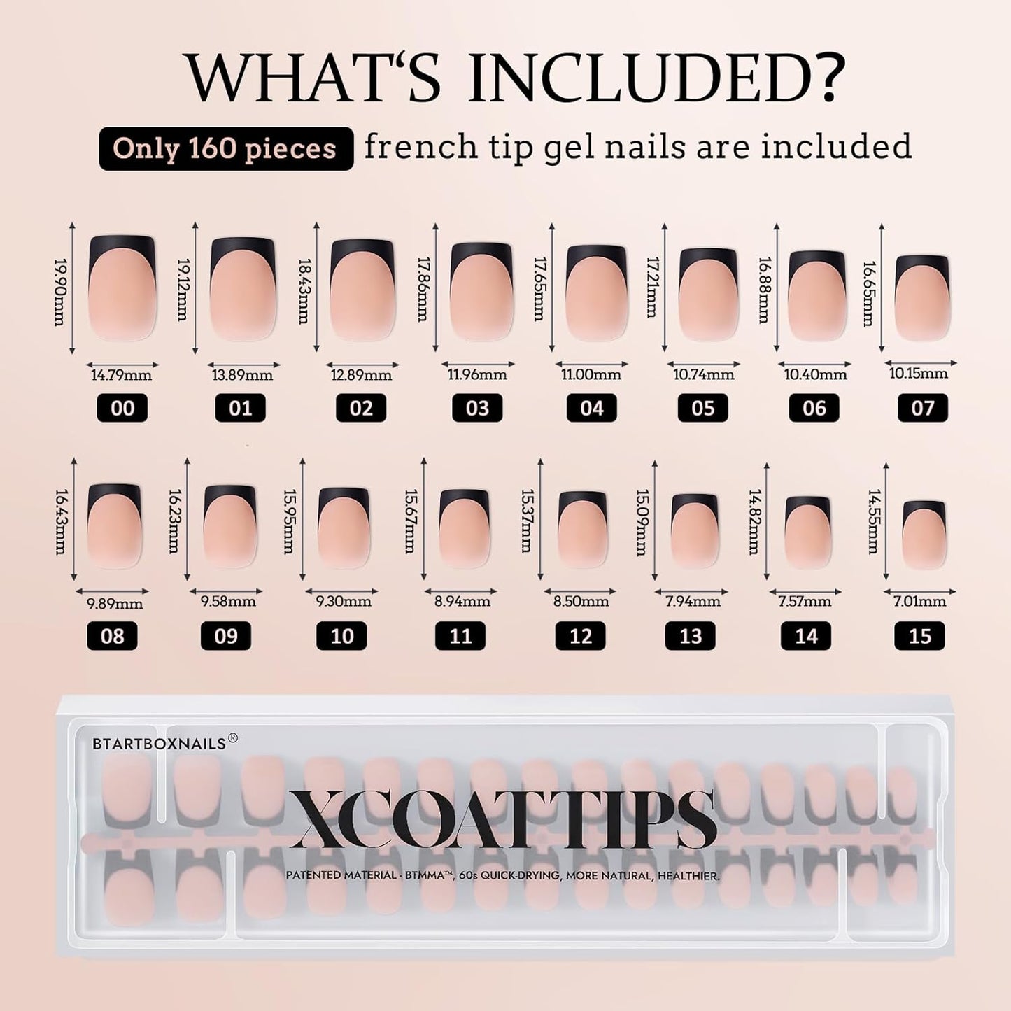 BTArtboxnails Black Press on Nails - French Tip Press on Nails Short, Square Gel Nail Tips, Supremely Fit Natural Fake Nails in 16 Sizes - 160 Pcs False Nails, Black French