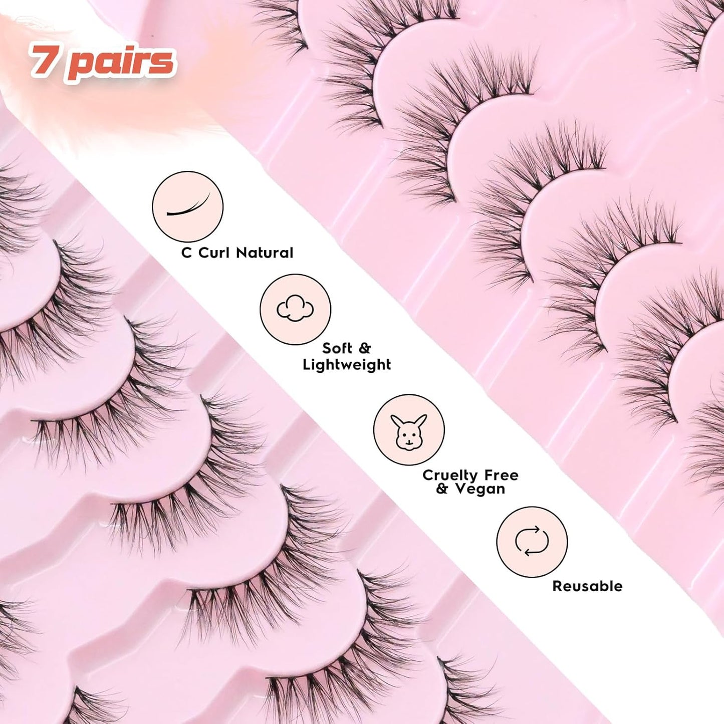 Natural Lashes False Eyelashes 10MM Short Lashes for Small Eyes C Curl Fake Eyelashes Thin Cotton Band 3D Volume Strip Lash Pack Soft Eyelashes 7 Pairs Siligli