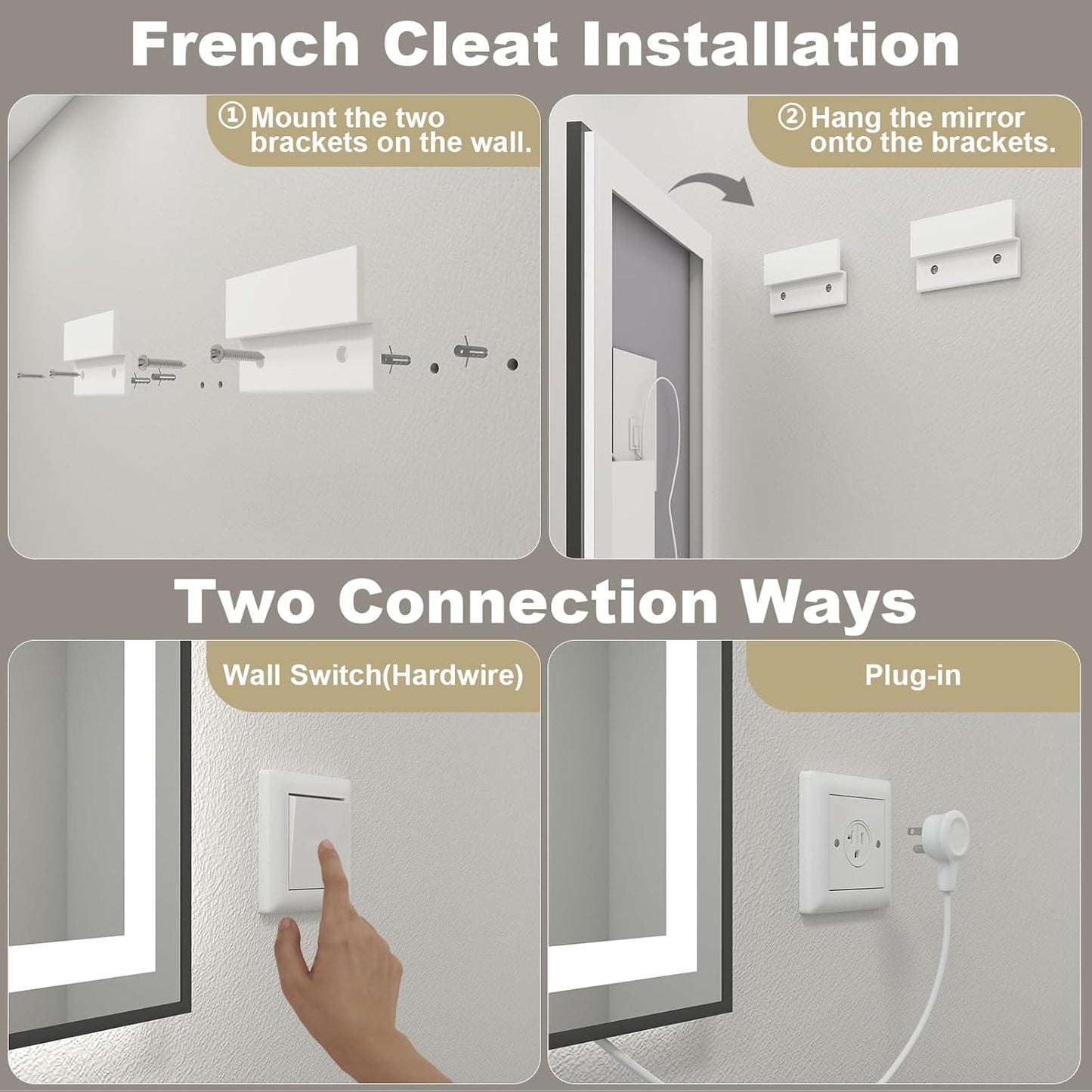 OKPAL 50x40 Black Lighted Mirrors for Bathroom Wall, Framed LED Bathroom Mirror, Defogger, Dimmable, Shatterproof, Memory, 3 Colors, ETL Listed (Front Light and Backlit)