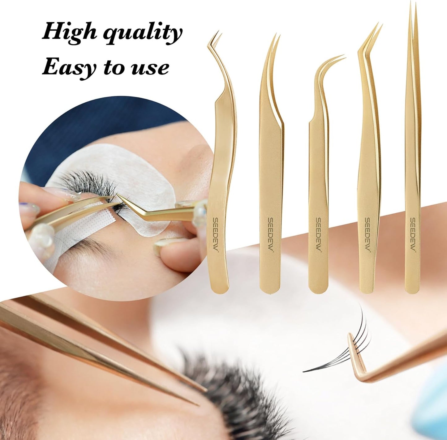Tweezer Eyelash Extensions 1 PCS Stainless Steel Straight Pointy Tweezer Isolation Professional Precision Supplies False Lash Application Tools for Lash Tech, Lash Artist Beginner(Golden)
