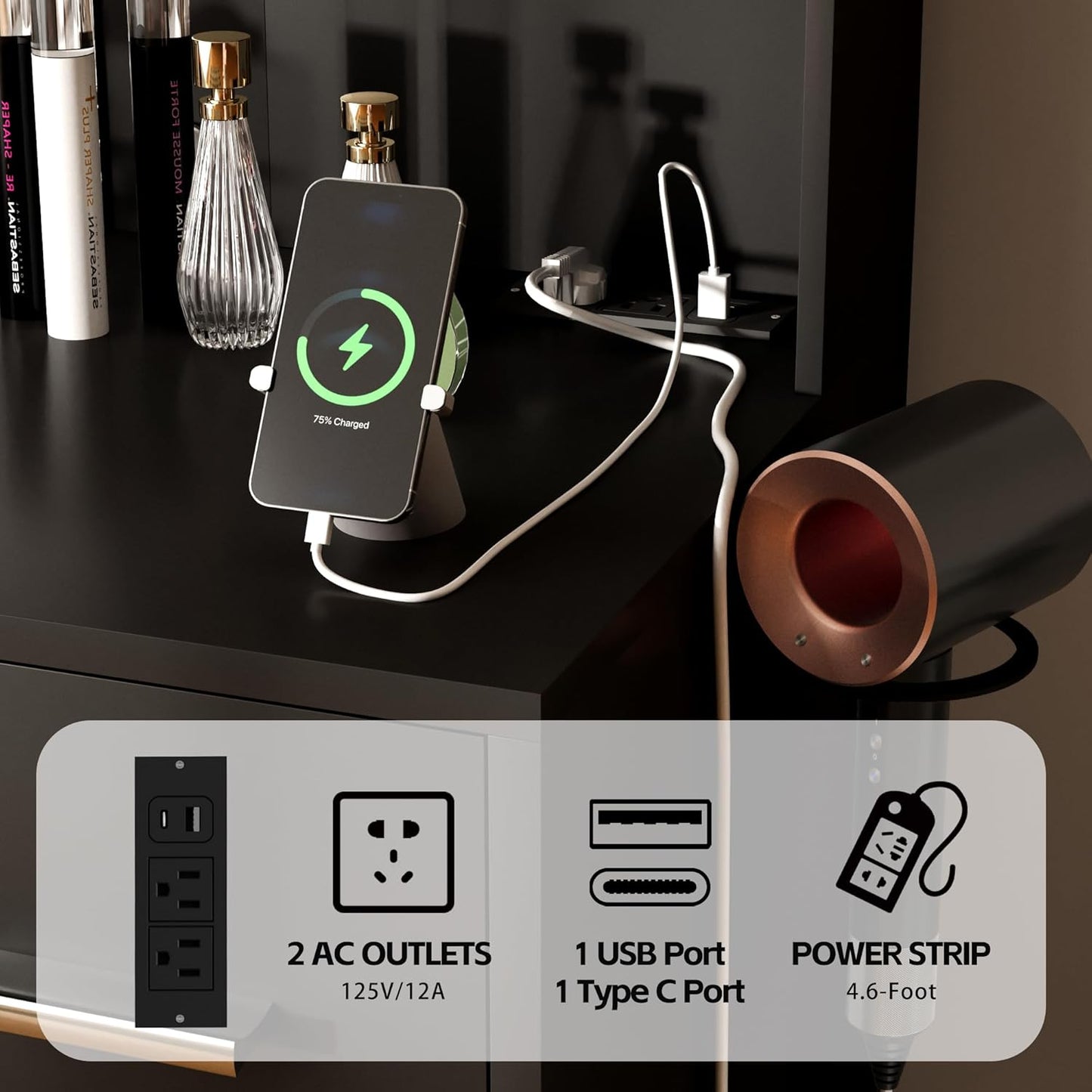 Furmax Vanity Desk with Mirror, LED Lights and Power Outlet Makeup Vanity Table with 7 Drawers and 6 Storage Shelves Dressing Table for Bedroom Dressing Room (Black)