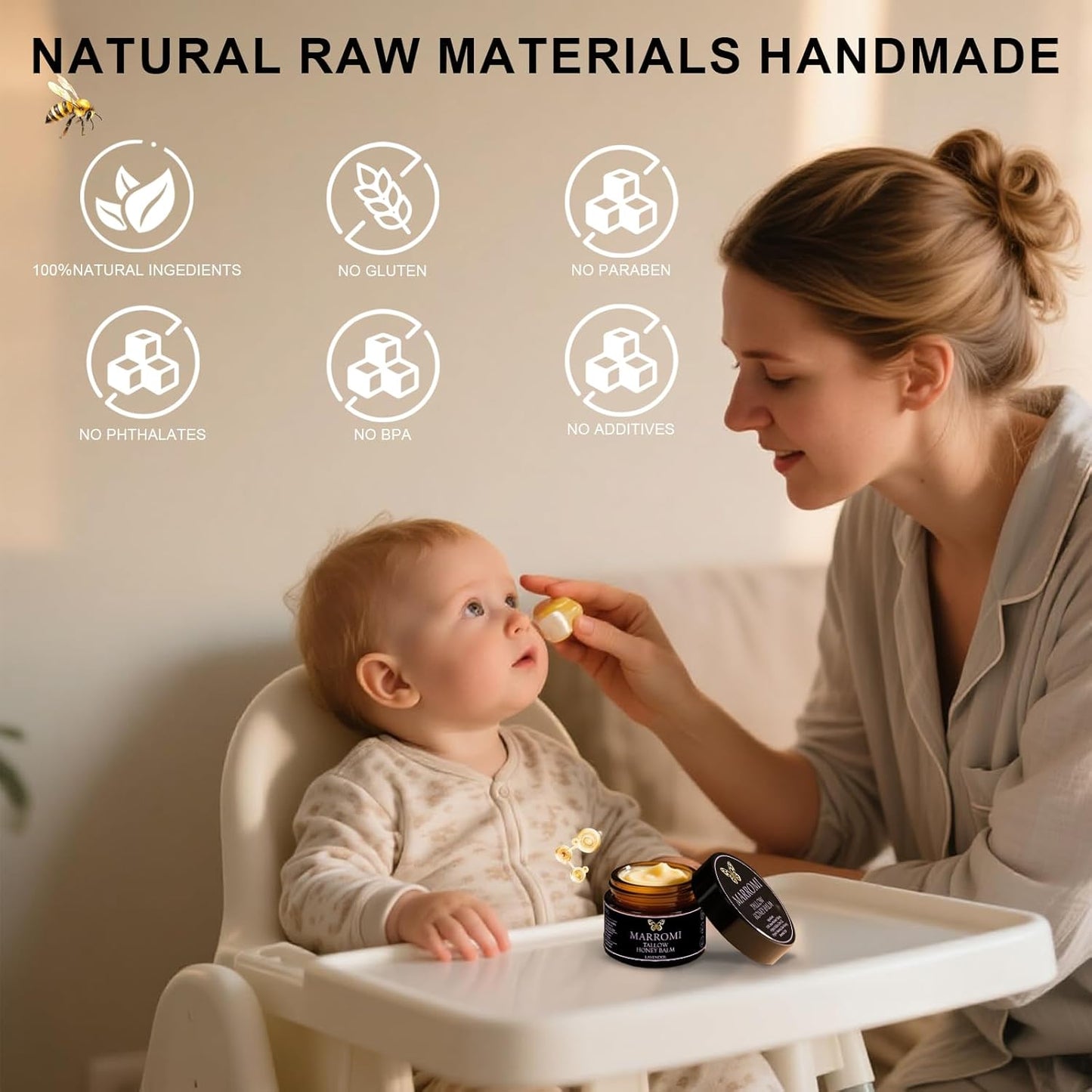 Marromi Beef Tallow for Skin, Tallow Honey Balm, Organic Grass-Fed Beef Tallow Balm with Raw Honey, Natural Soothing Moisturizing (Lavender scent)