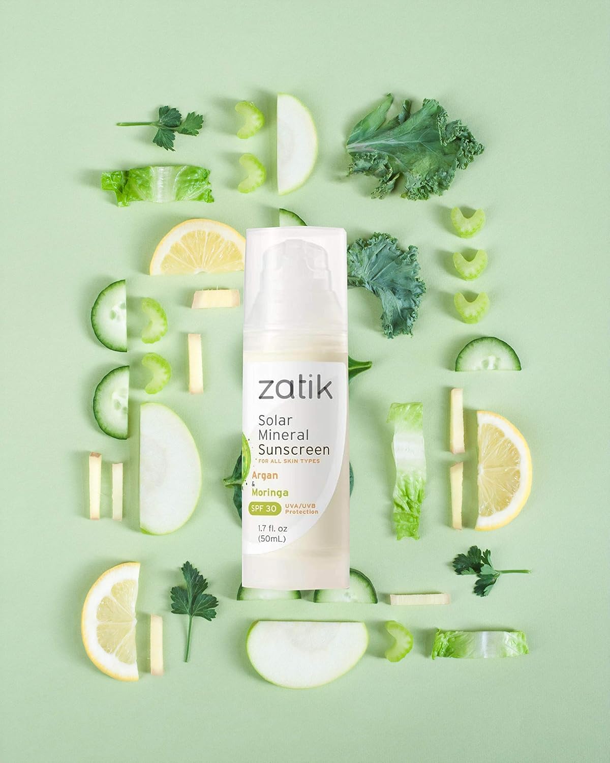 Zatik Naturals - Solar Mineral Sunscreen with Argan and Moringa, Vitamin and Mineral-Based Solar Protection, Vegan, Non-GMO, pH Balanced, FREE from Gluten, Soy, Alcohol. 1.7 fl oz, 50 ml