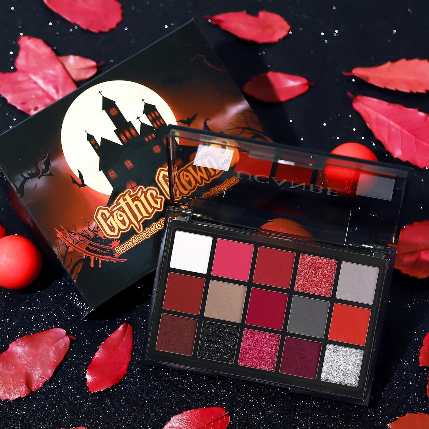 UCANBE Red Eyeshadow Makeup Palette, 15 Colors Burgunry Gray Silver Shimmer Matte Glitter Metallic Eye Shadow Pallet, Pigmented Make Up Kit for Halloween Parties Christmas Joker Vampire Clown