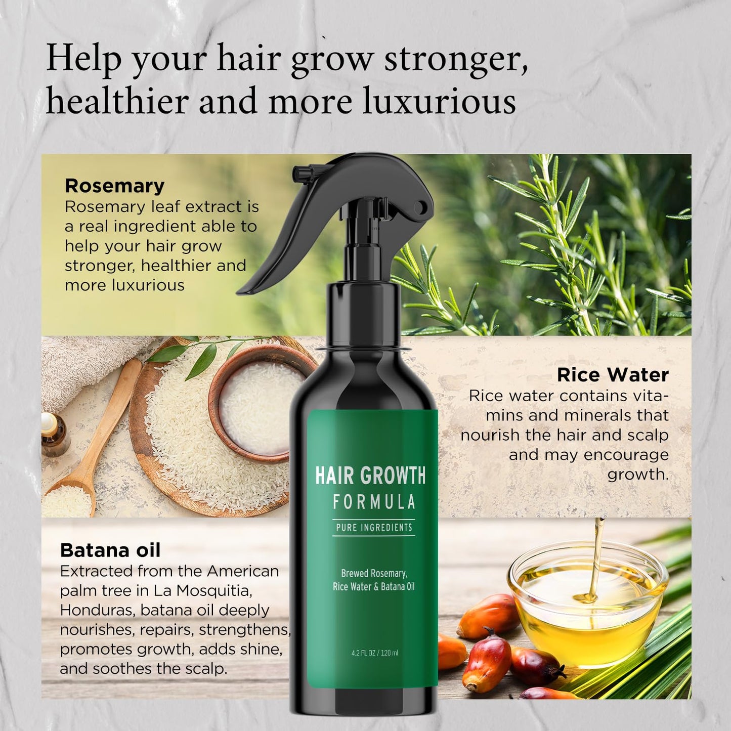 Rosemary Water Spray for Hair Growth, Rosemary Hair Growth Scalp Spray With Rice Water & Batana Oil, Biotin, Citrus Peel and Mint to Strengthen Strands and Promote Hair, 4.2 fl oz (Clear)