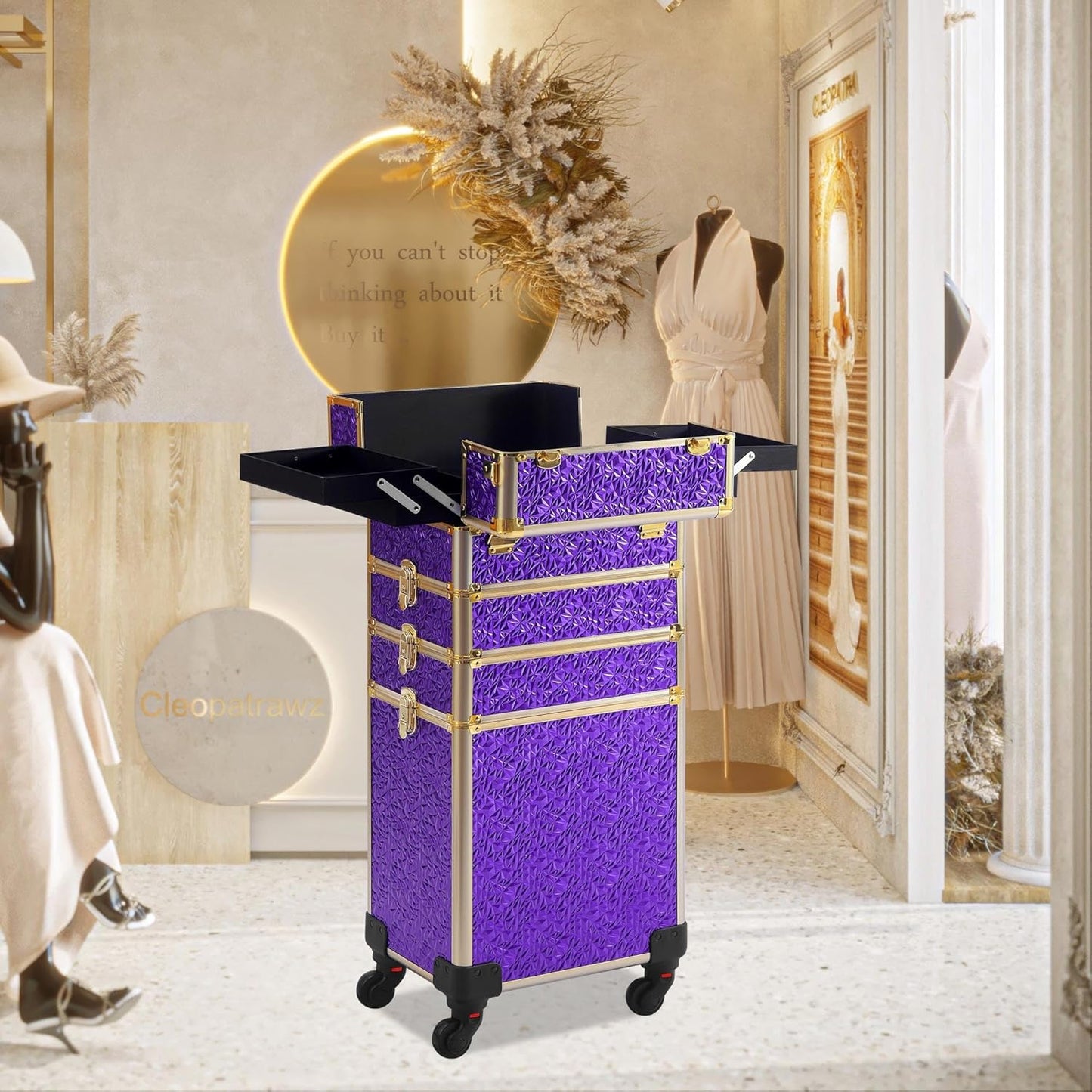 Rolling Makeup Case, Makeup Train Case with Lid, 5 in 1 Cosmetology Case on Wheels, Christmas Gift, Large Makeup Organizers, Profesional Cosmetic Case for Salon Barber, Purple Gold