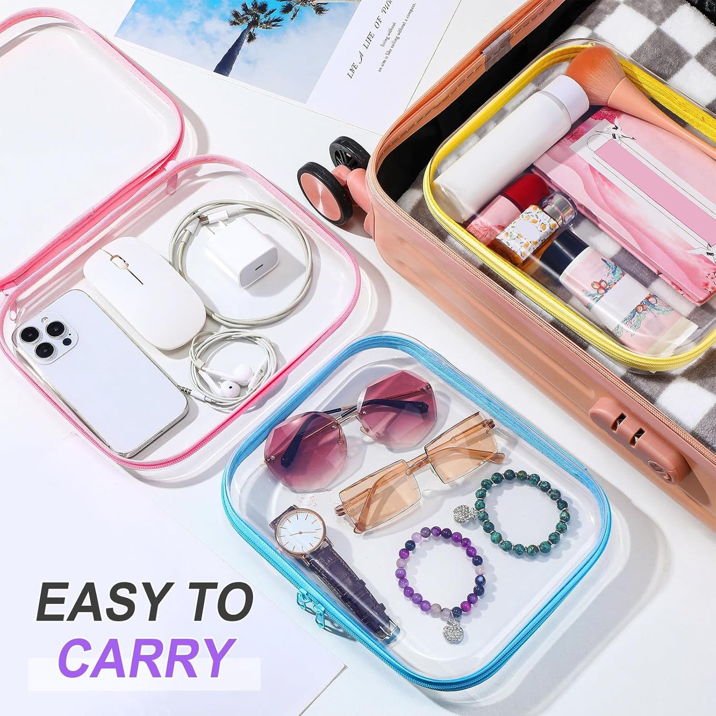 Sanwuta 6 Pcs Clear Hard Zipper Case Pencil Pouches Hard Plastic Zipper Pouches Makeup Bag Transparent Cases for Snacks Plastic Storage Organizer Box for Travel(Colorful,9.84 x 7.87 x 2 Inch)