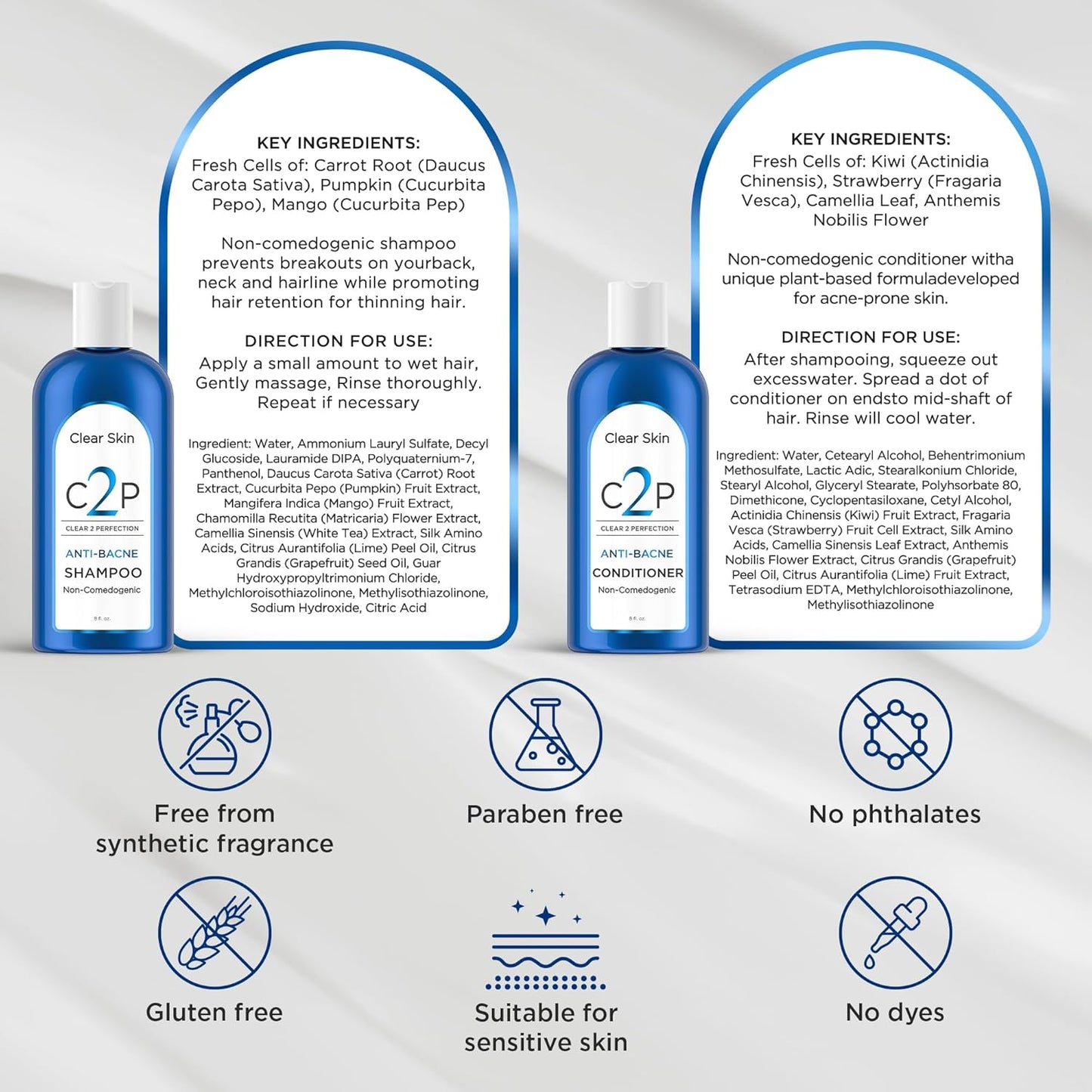 Non-Comedogenic & Sulfate-Free Shampoo & Conditioner Set by Clear 2 Perfection, Ideal for Acne-Prone Skin & Bacne, Esthetician Developed, Fights Breakouts & Promotes Healthy Hair
