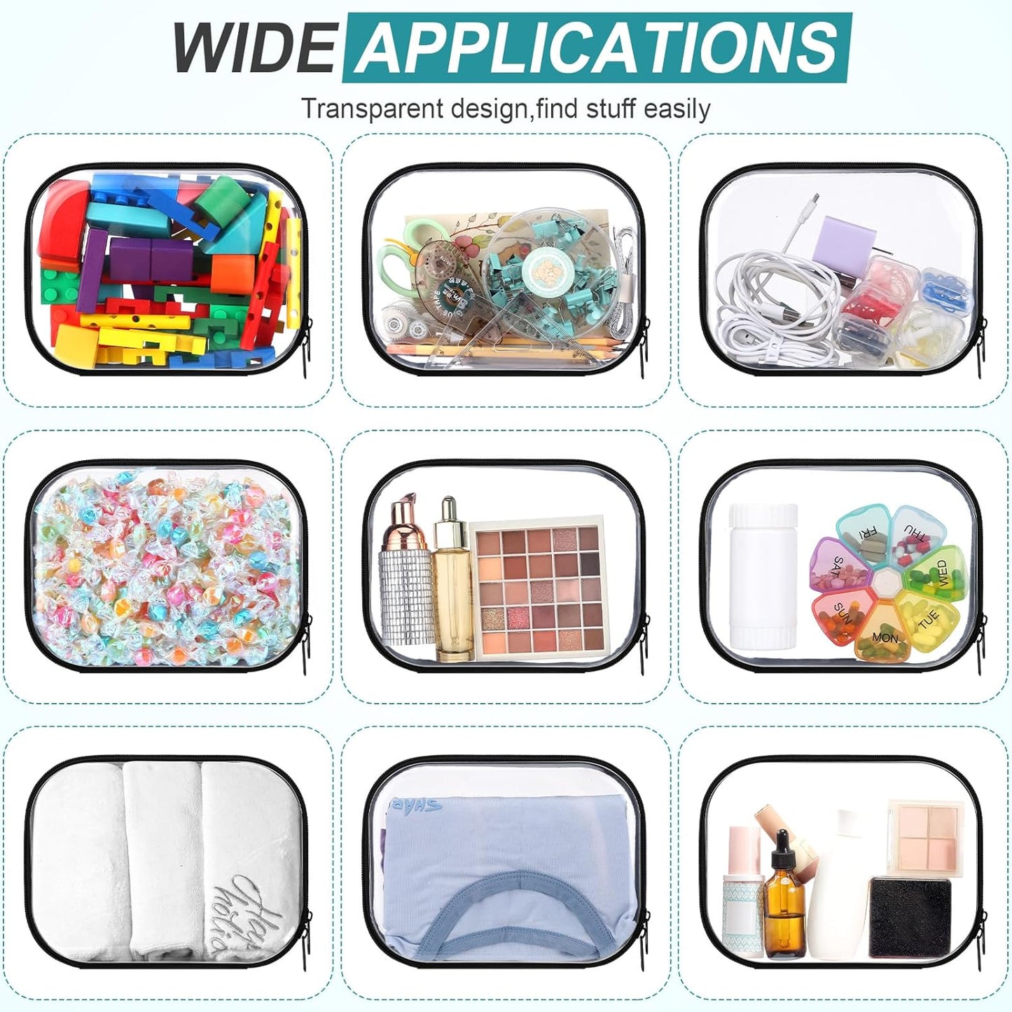 Sanwuta 6 Pcs Clear Hard Zipper Case Pencil Pouches Hard Plastic Zipper Pouches Makeup Bag Transparent Cases for Snacks Plastic Storage Organizer Box for Travel(Black,7.87 x 5.9 x 2 Inch)